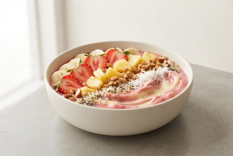 Fruit smoothie bowl with frozen banana, strawberries, pineapple, Greek yogurt, granola, and fresh toppings