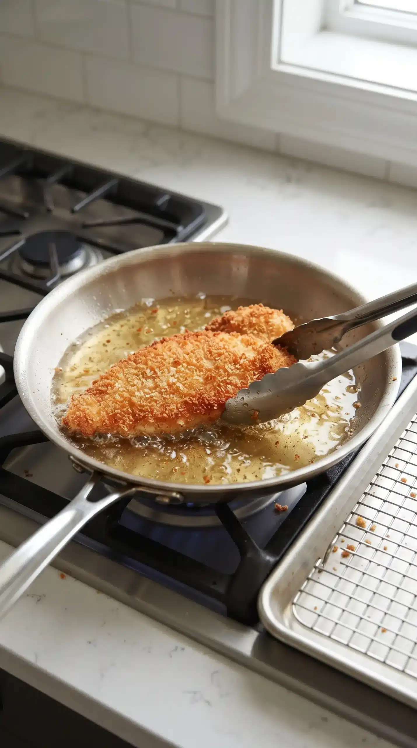Breaded chicken cutlet frying in a pan for a crispy chicken Caesar sandwich
