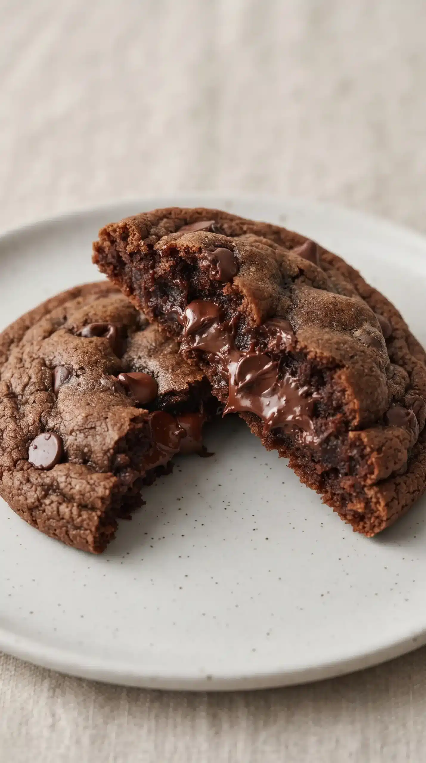 Broken double chocolate chip cookie showing a soft fudgy center and melted chocolate chips