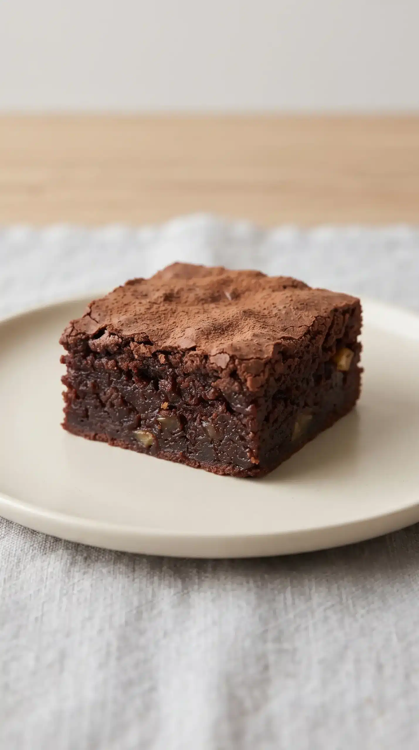Chilled sugar free brownie square showing a dense fudgy chocolate center