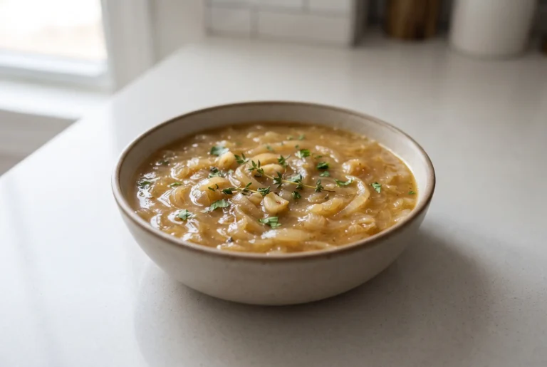 Garlic and onion soup in a ceramic bowl with golden broth and fresh herb garnish