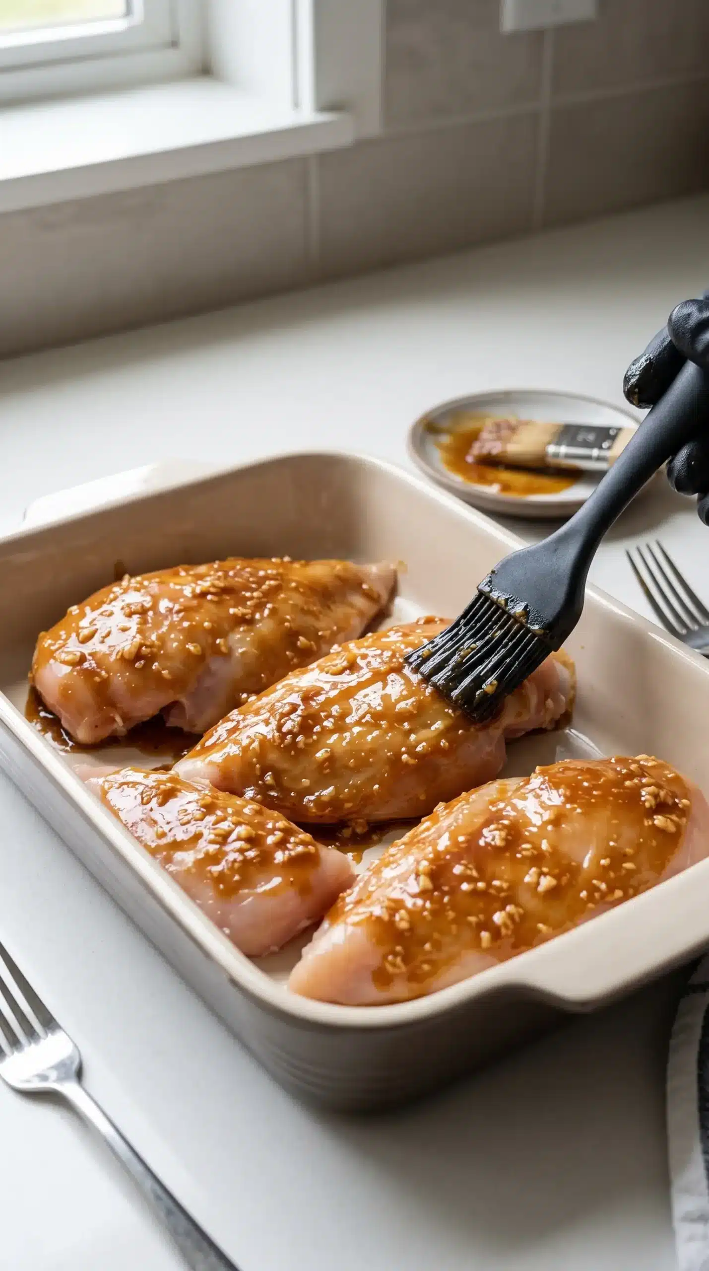 Chicken breasts coated with garlic brown sugar olive oil glaze before baking