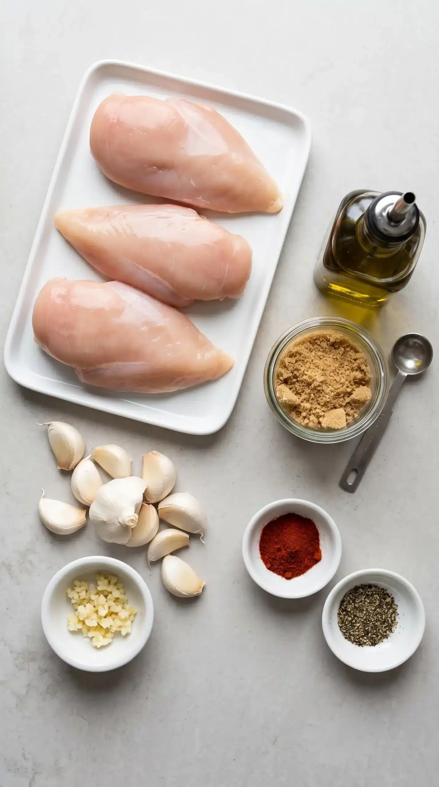 Ingredients for garlic brown sugar chicken including chicken, garlic, brown sugar, and olive oil