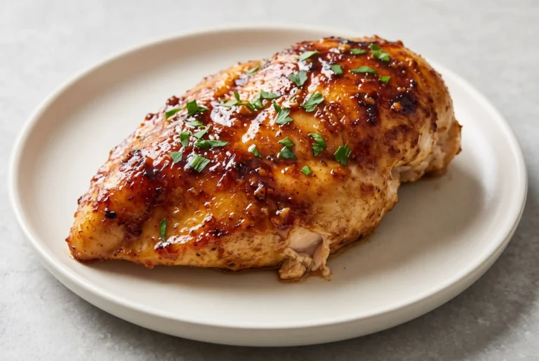 Baked garlic brown sugar chicken breast with a glossy garlic olive oil glaze on a plate