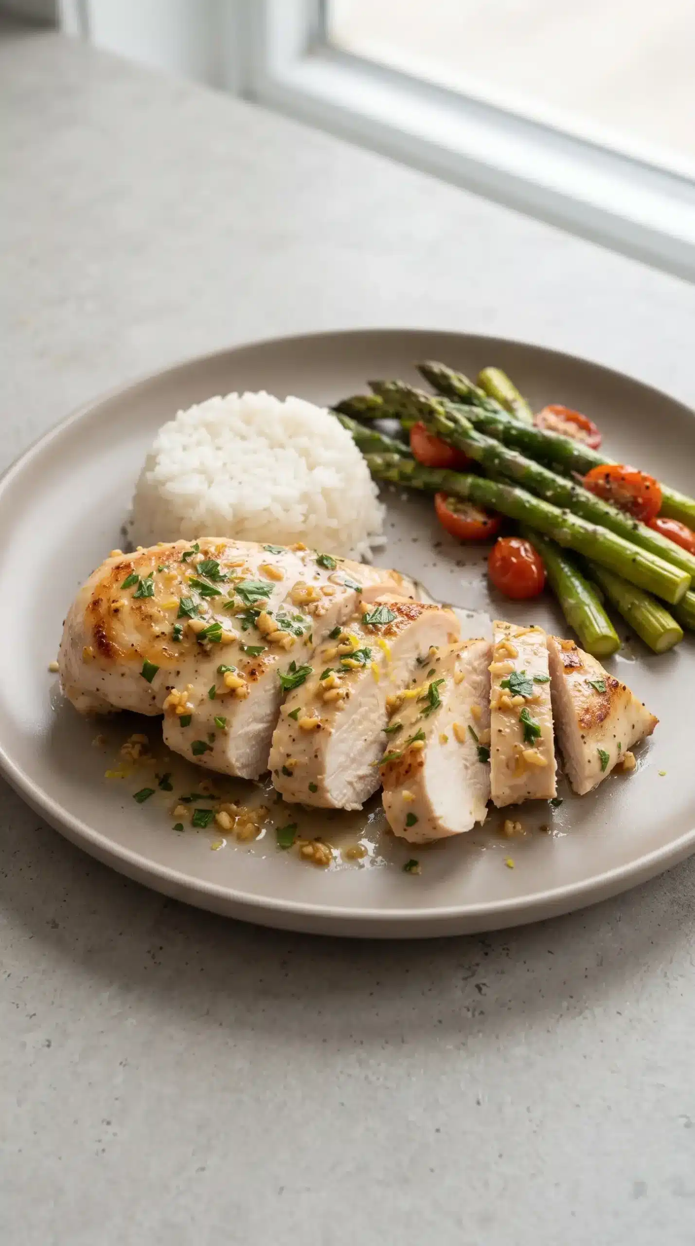 Air fryer garlic butter chicken served with rice and roasted vegetables