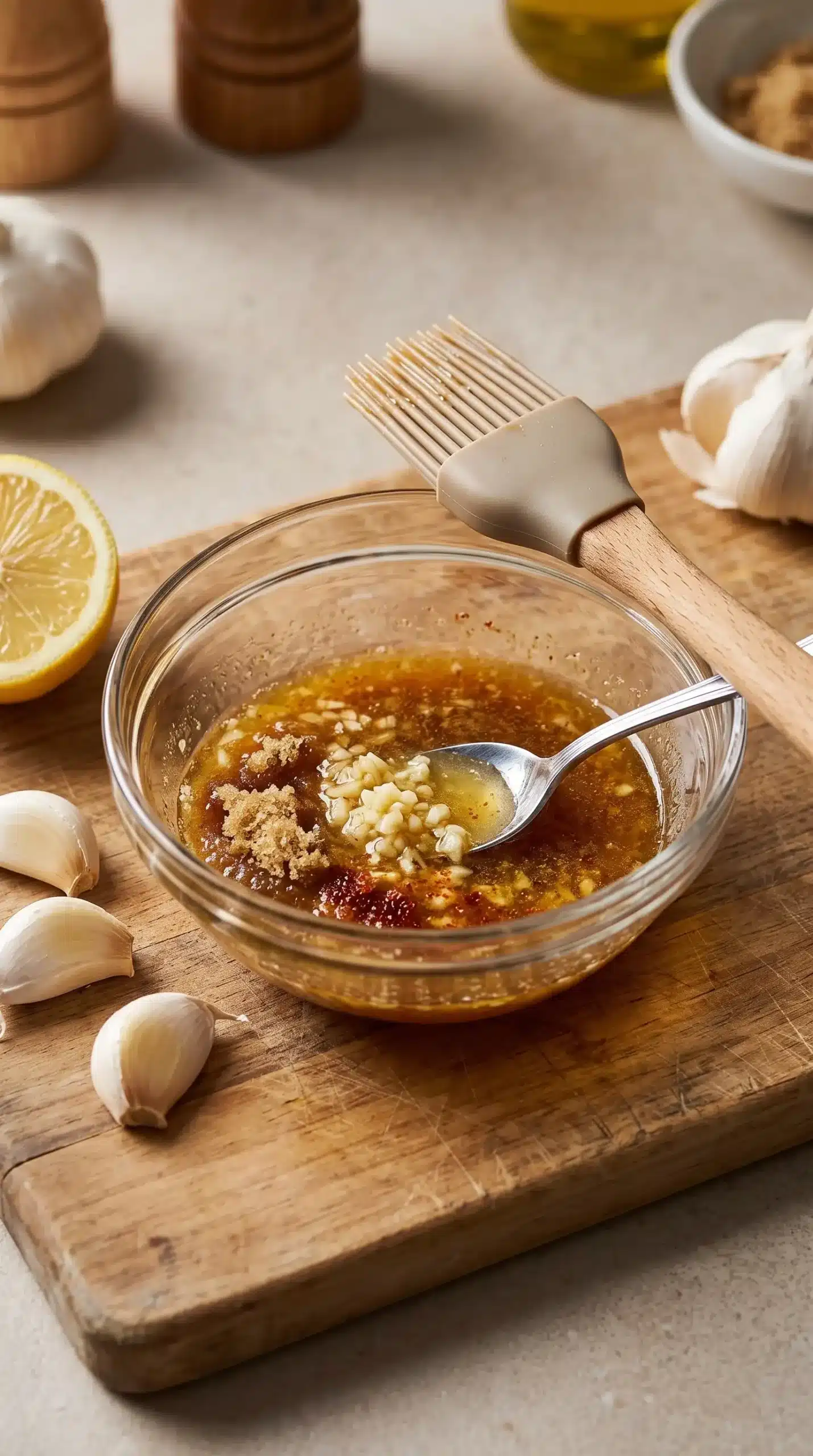 Garlic butter glaze with melted butter, garlic, brown sugar, paprika, and lemon juice in a bowl