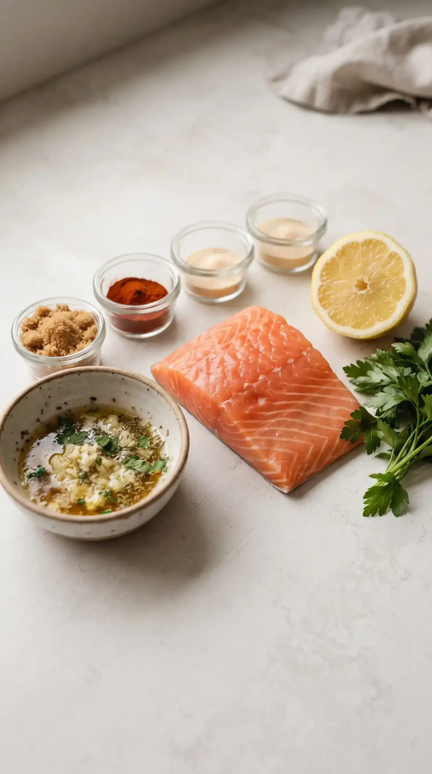Salmon fillets with garlic butter, brown sugar, spices, lemon, and parsley ingredients