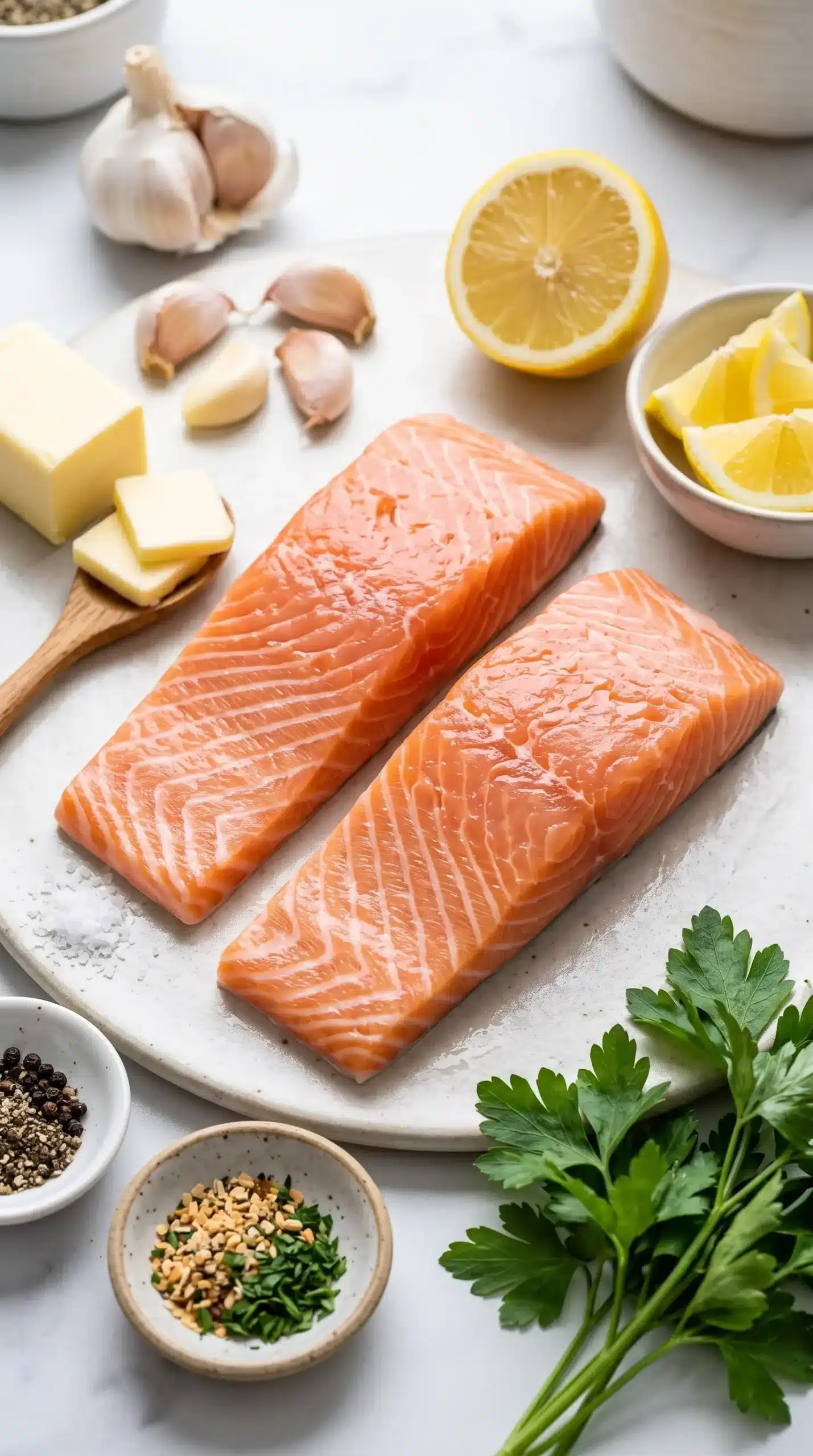 Raw salmon fillets with garlic, butter, lemon, parsley, and seasonings for preparation