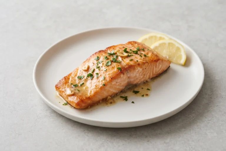 Garlic butter salmon fillet with lemon butter sauce on a ceramic plate