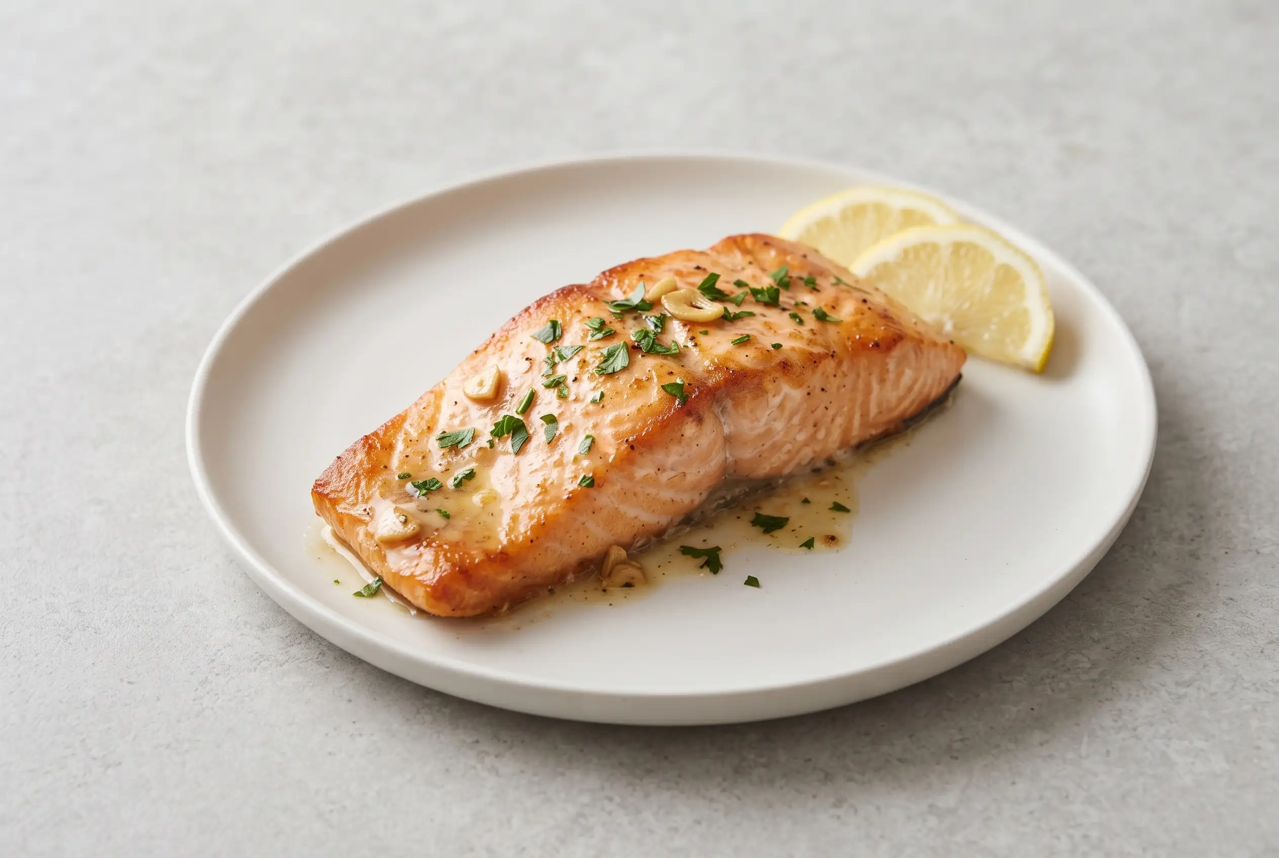 Garlic butter salmon fillet with lemon butter sauce on a ceramic plate