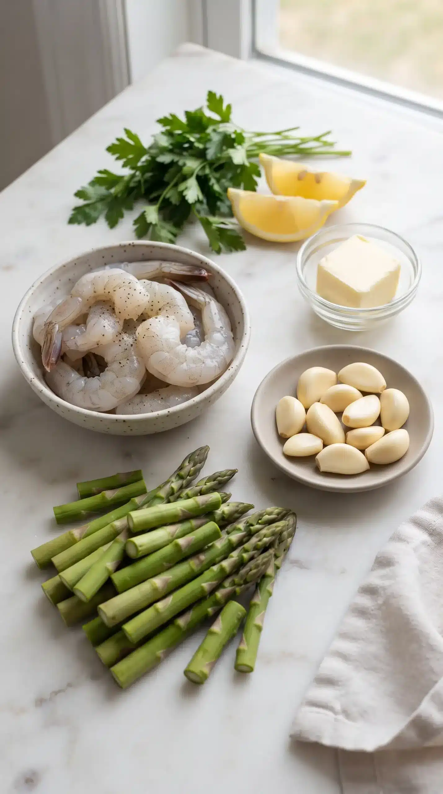 Raw shrimp, asparagus, garlic, butter, and lemon ingredients for the skillet meal