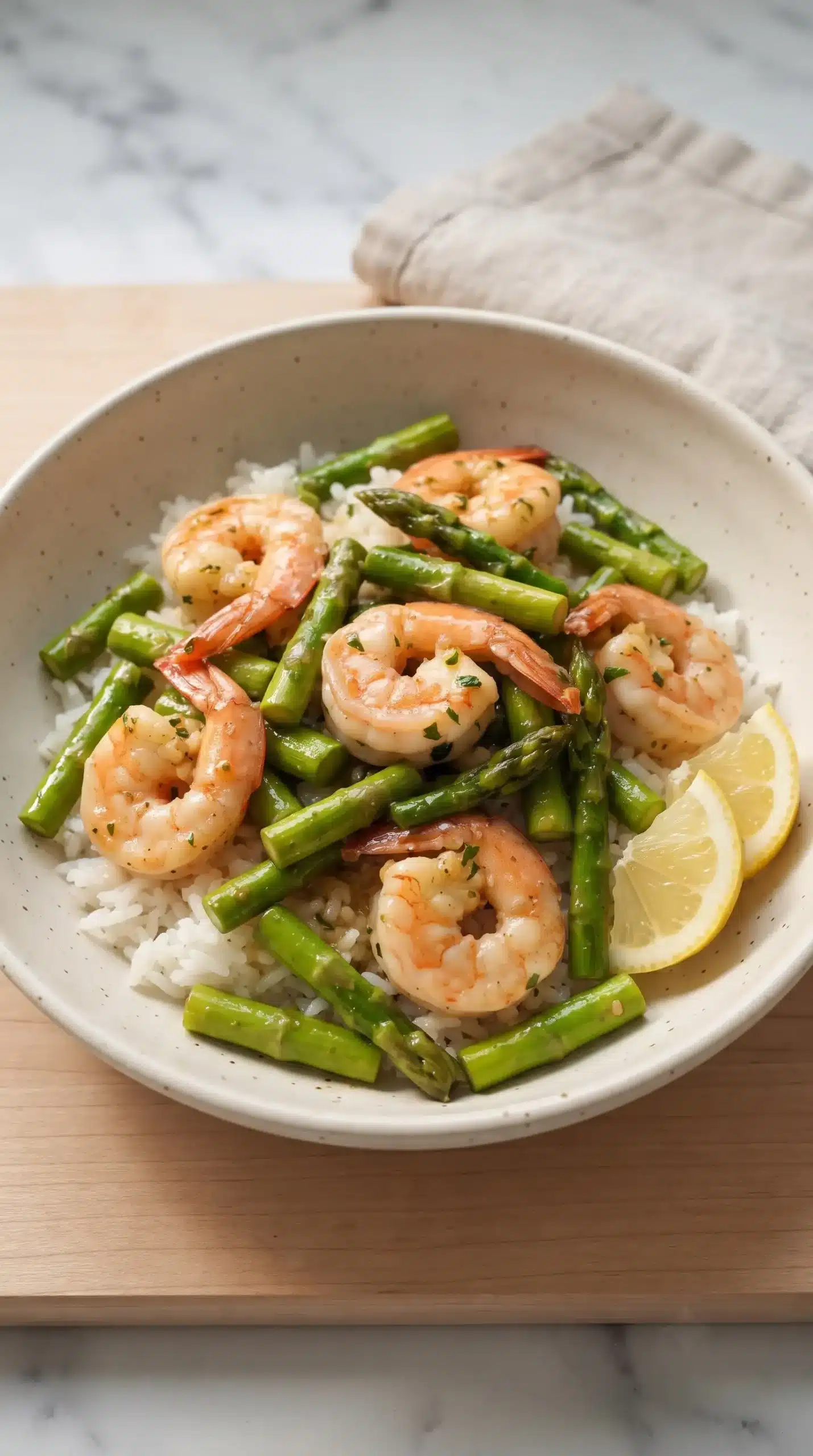 Garlic butter shrimp with asparagus served over white rice in a bowl
