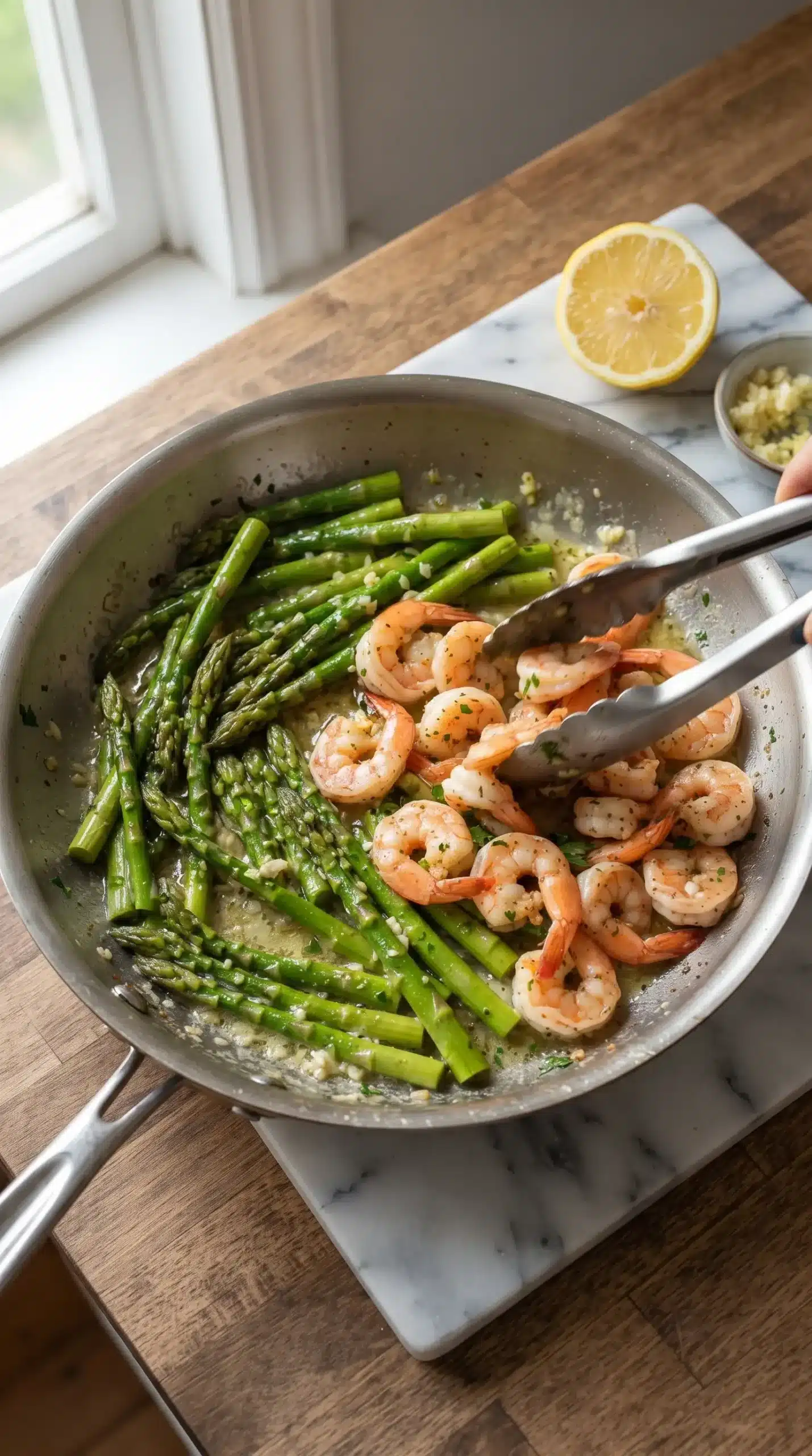 Shrimp and asparagus cooking together in a skillet with garlic butter sauce