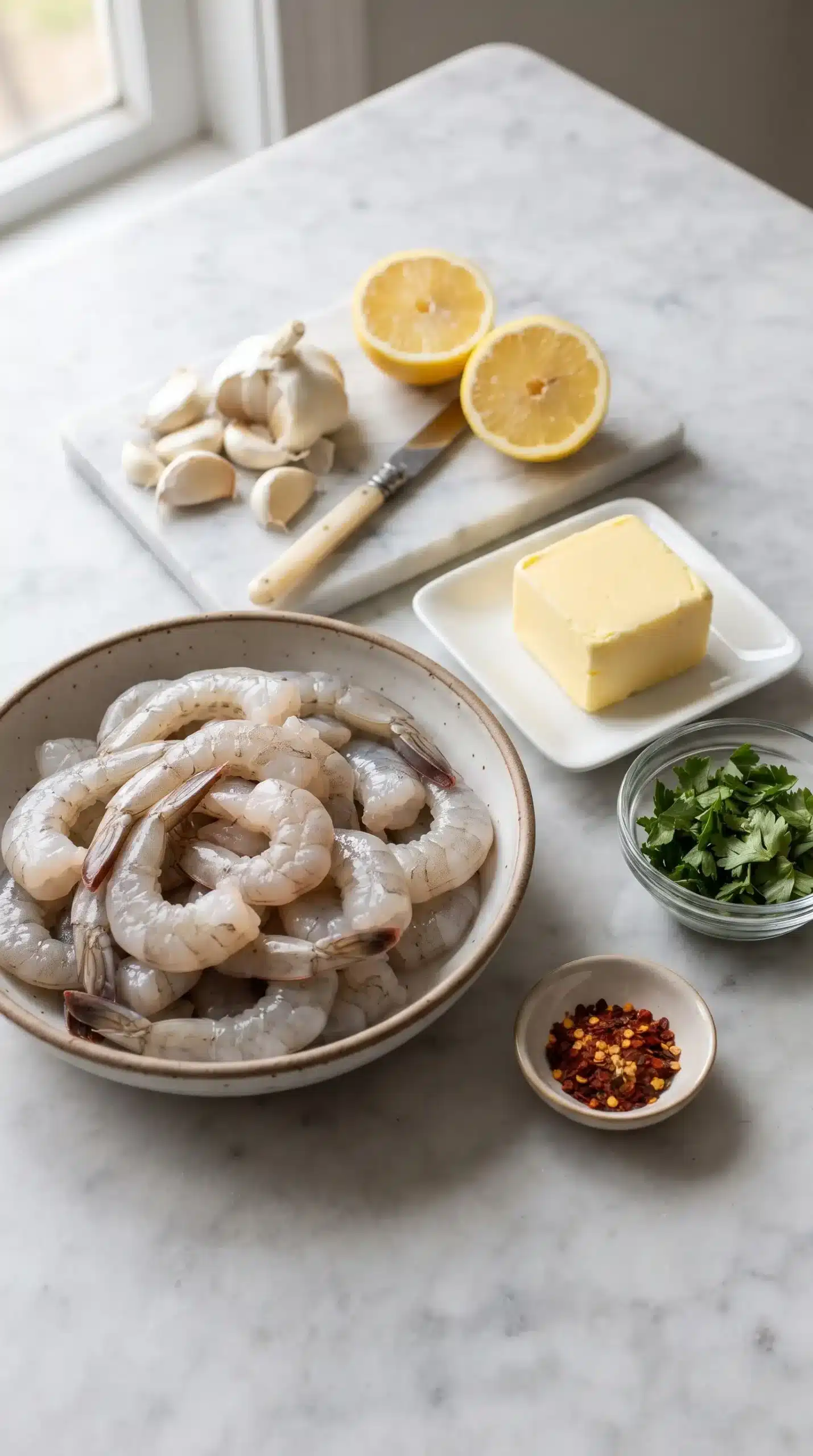 Raw shrimp, butter, garlic, lemon, parsley, and red pepper flakes prepared for garlic butter shrimp