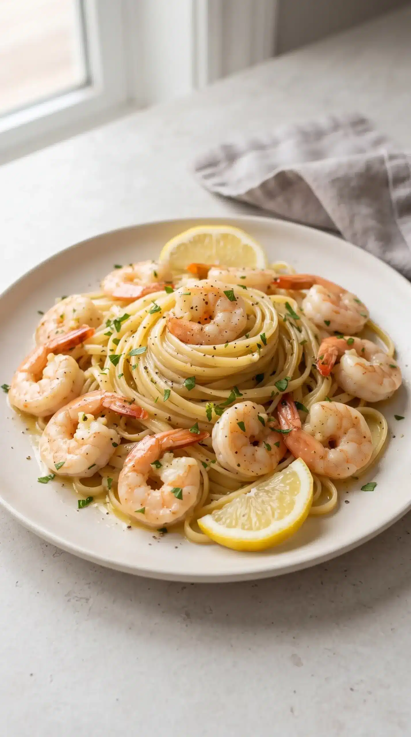 Garlic butter shrimp served over linguine with parsley and lemon garnish