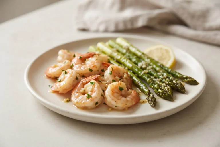 Garlic butter shrimp with asparagus on a plate with lemon accents and a glossy butter sauce
