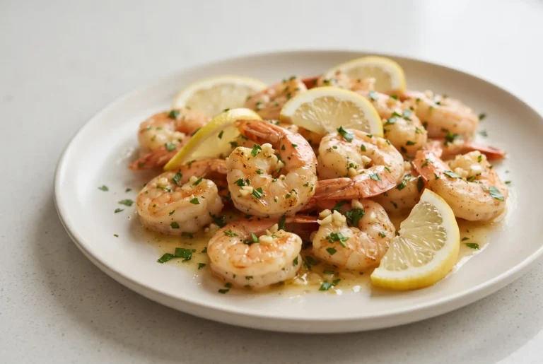 Garlic butter shrimp with lemon and fresh parsley in a glossy sauce on a ceramic plate