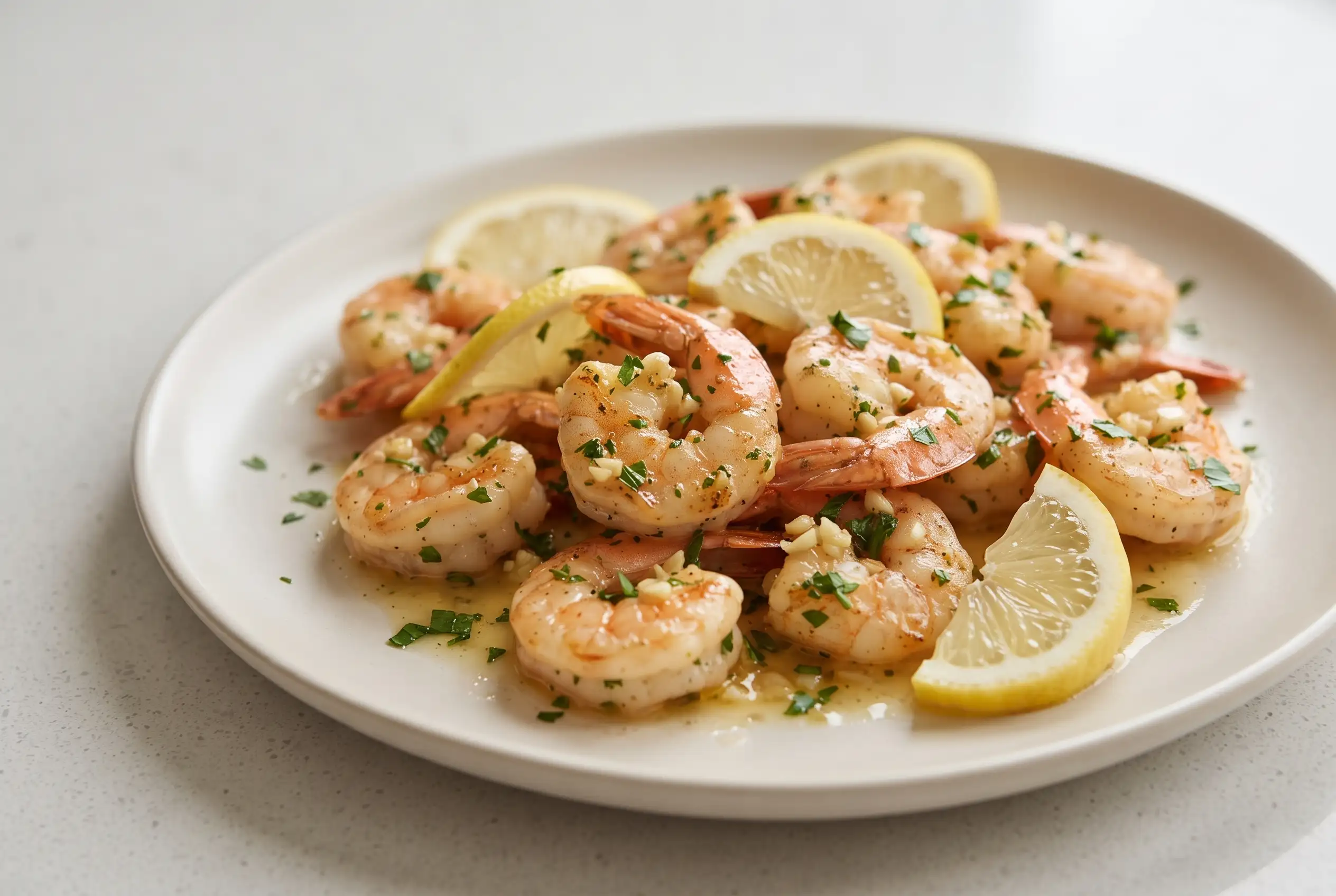 Garlic butter shrimp with lemon and fresh parsley in a glossy sauce on a ceramic plate