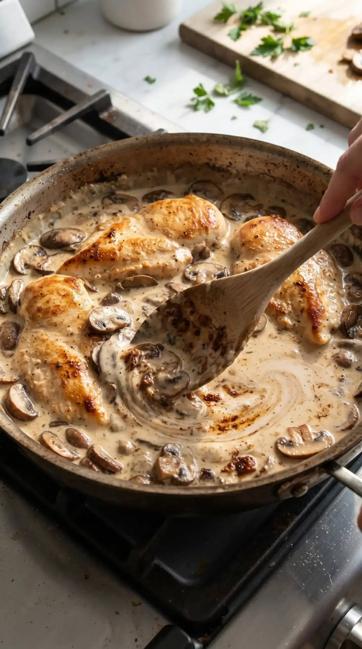 Skillet with chicken, mushrooms, and garlic cream sauce being prepared