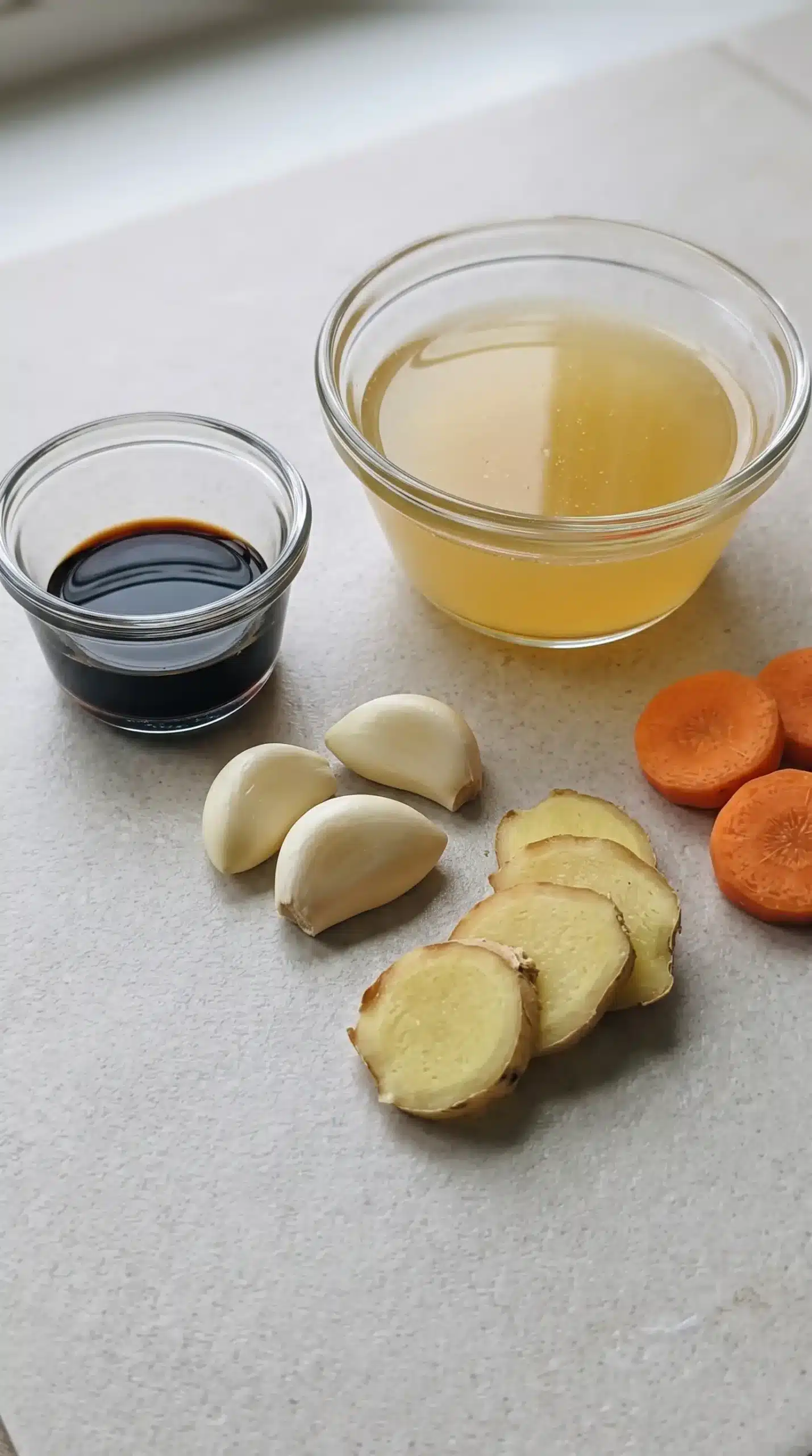 Garlic, ginger, broth, soy sauce, and carrots prepared for chicken soup