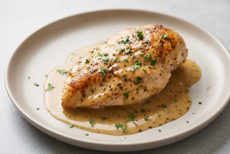 Golden garlic herb chicken breast coated in buttery pan sauce with fresh parsley