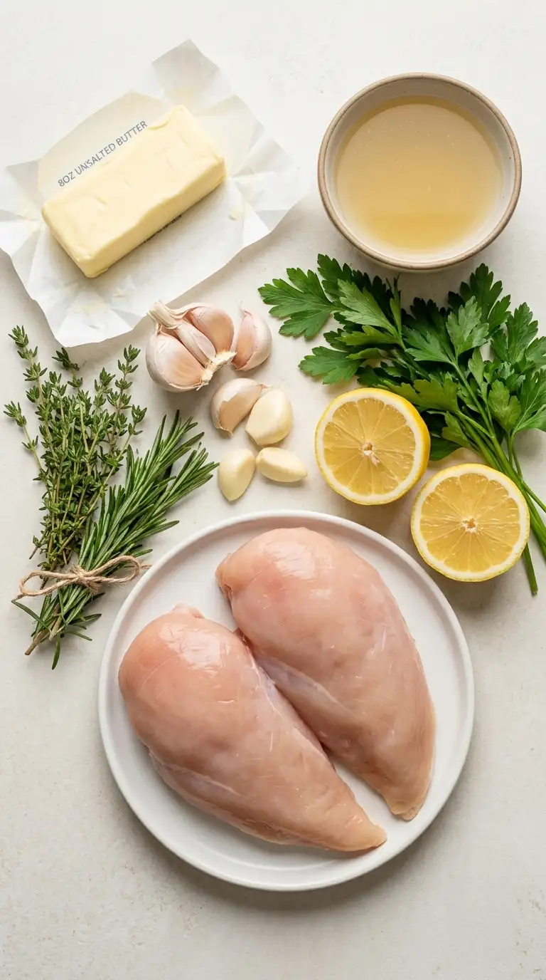 Chicken breasts, butter, garlic, herbs, lemon, and broth arranged for the pan sauce