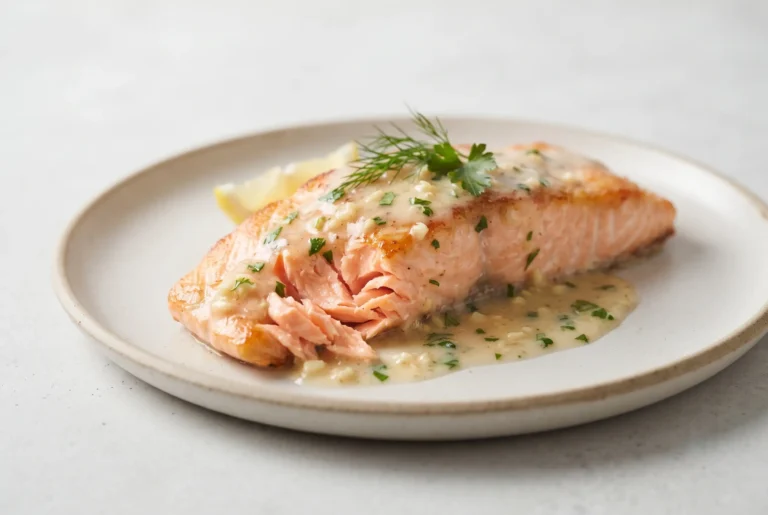 Garlic lemon butter salmon fillet with silky garlic butter sauce, lemon, and herbs on a plate