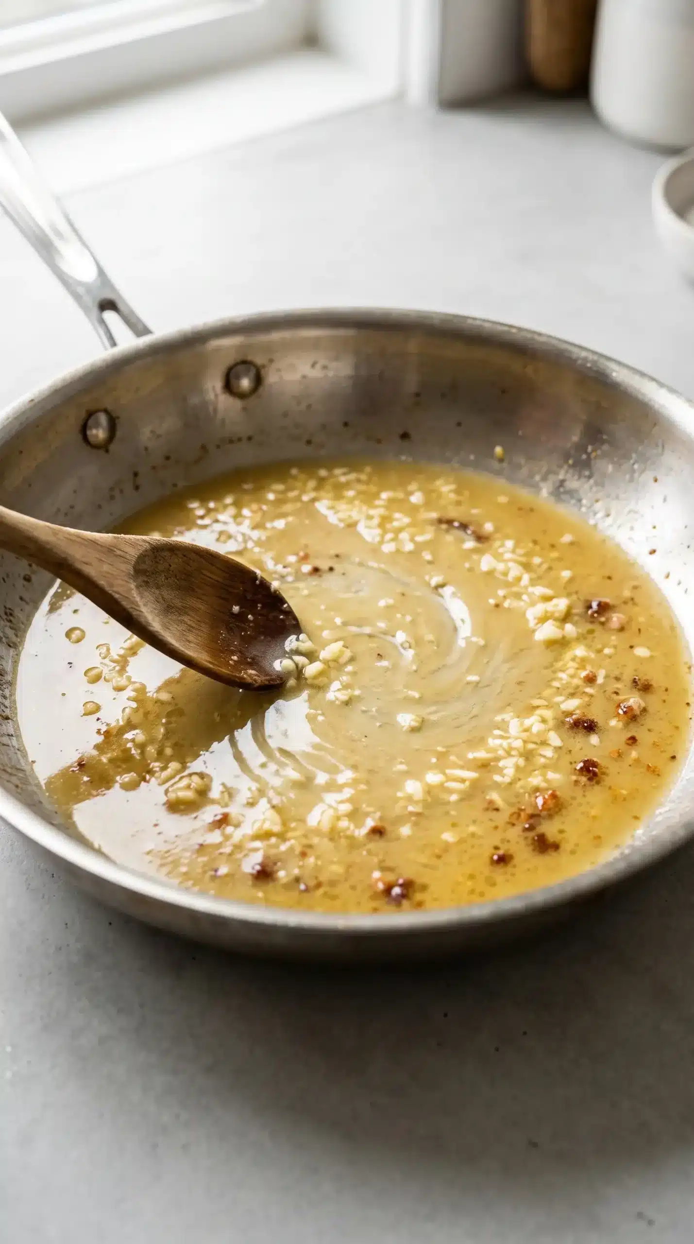 Garlic lemon butter sauce with garlic, lemon juice, and chicken stock in a skillet