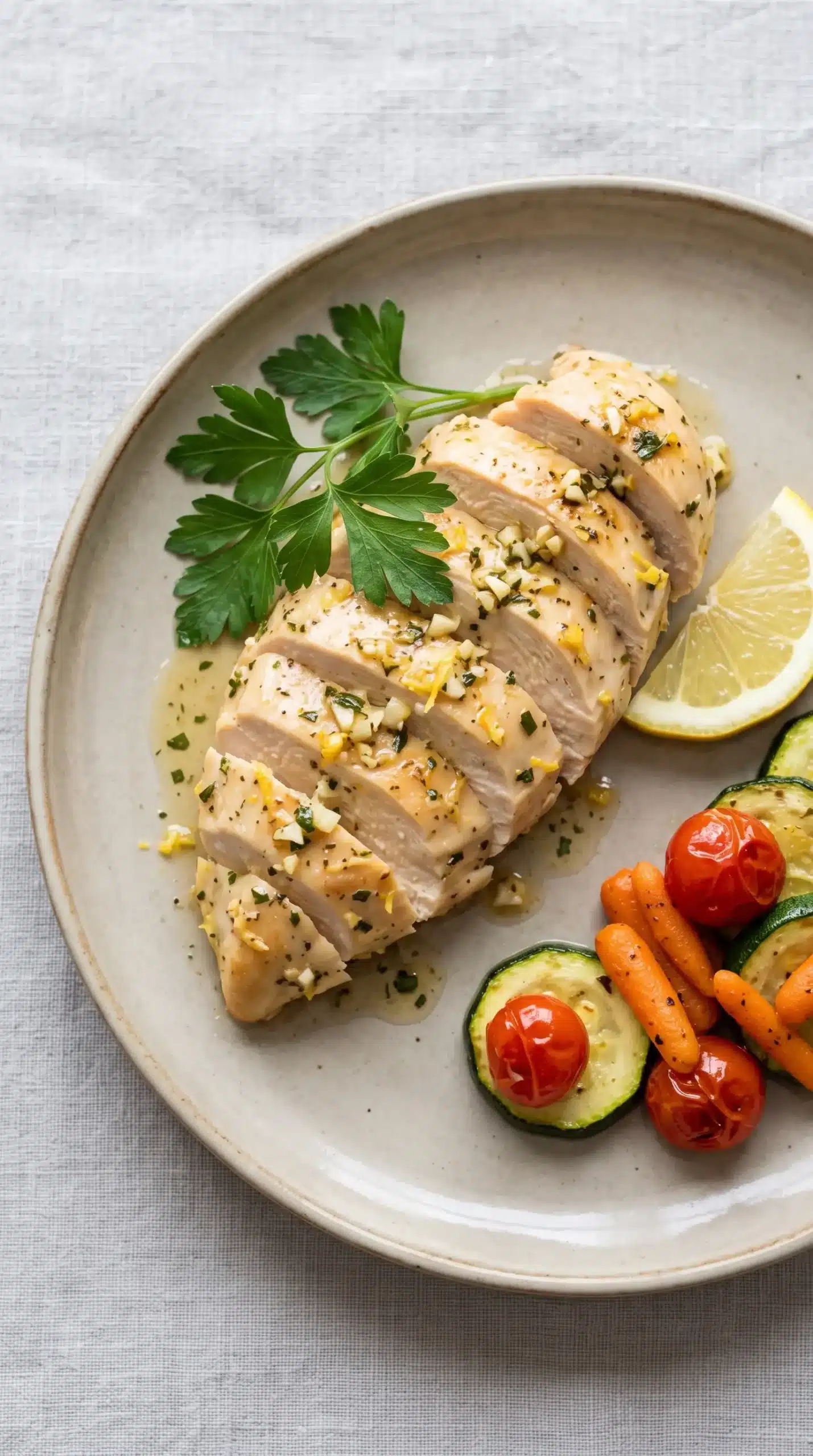 Sliced garlic lemon chicken breast served with herbs and roasted vegetables