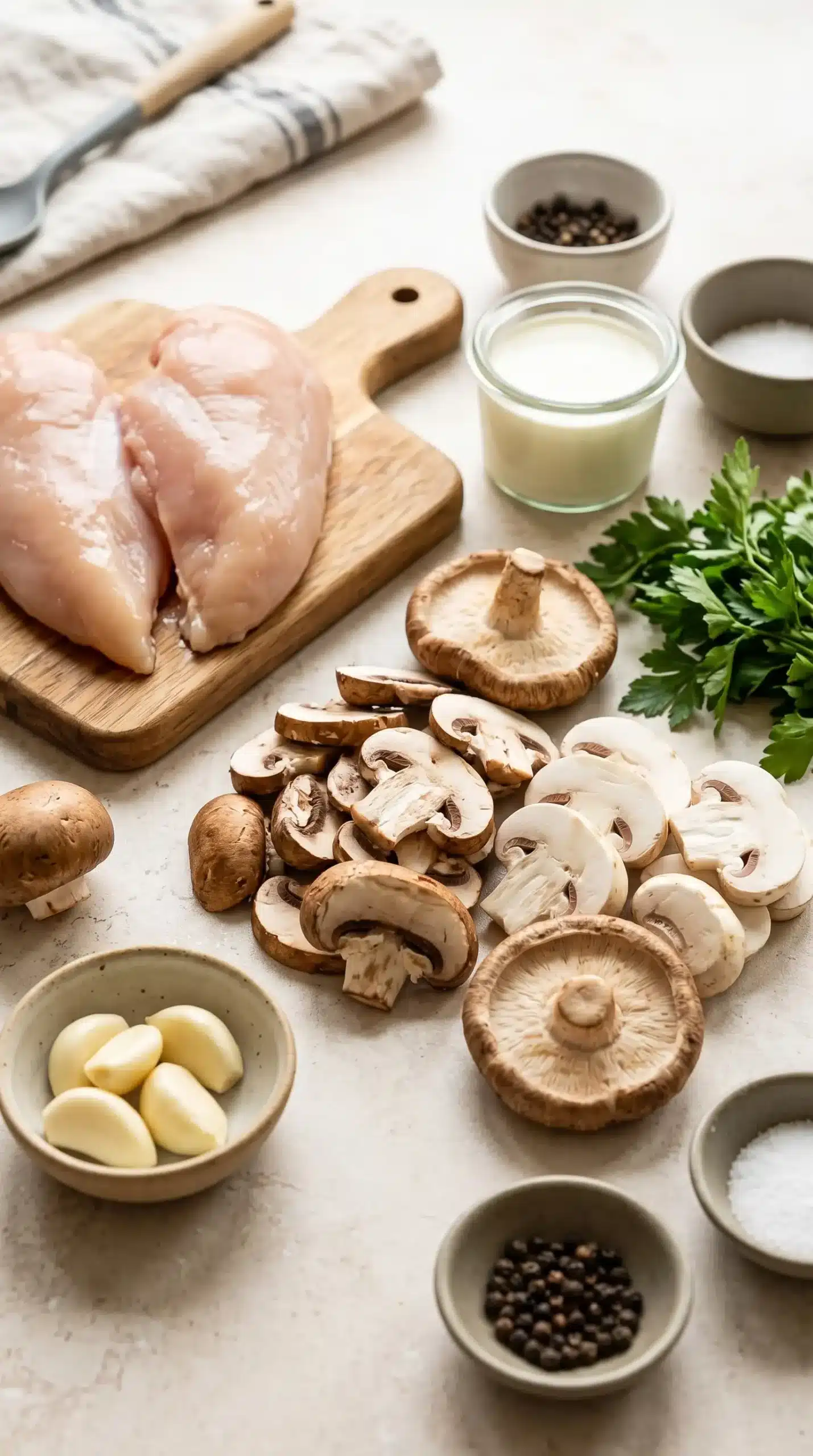 Chicken, mushrooms, garlic, cream, and herbs arranged for cooking