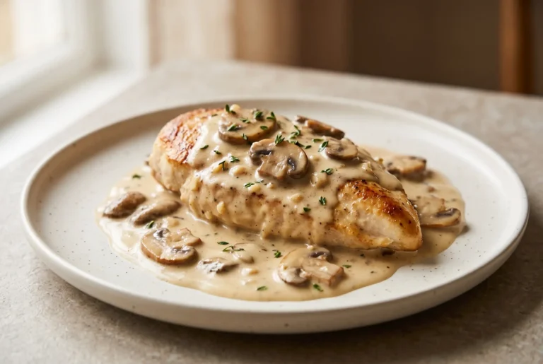 Chicken with garlic and mushrooms in creamy mushroom sauce on a plate