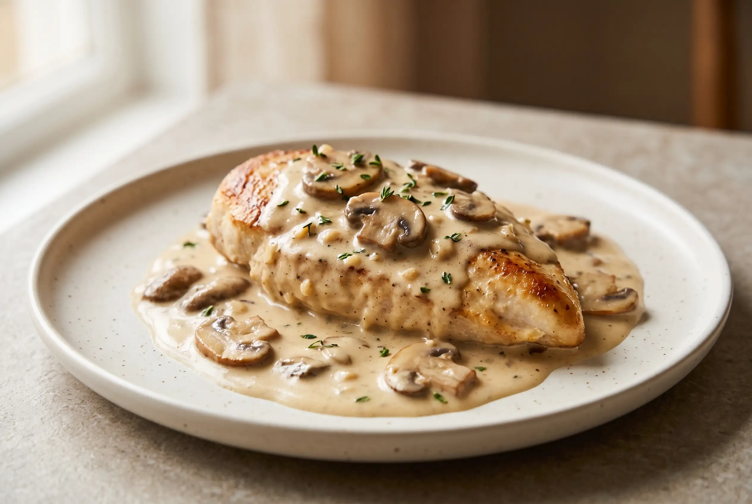 Chicken with garlic and mushrooms in creamy mushroom sauce on a plate