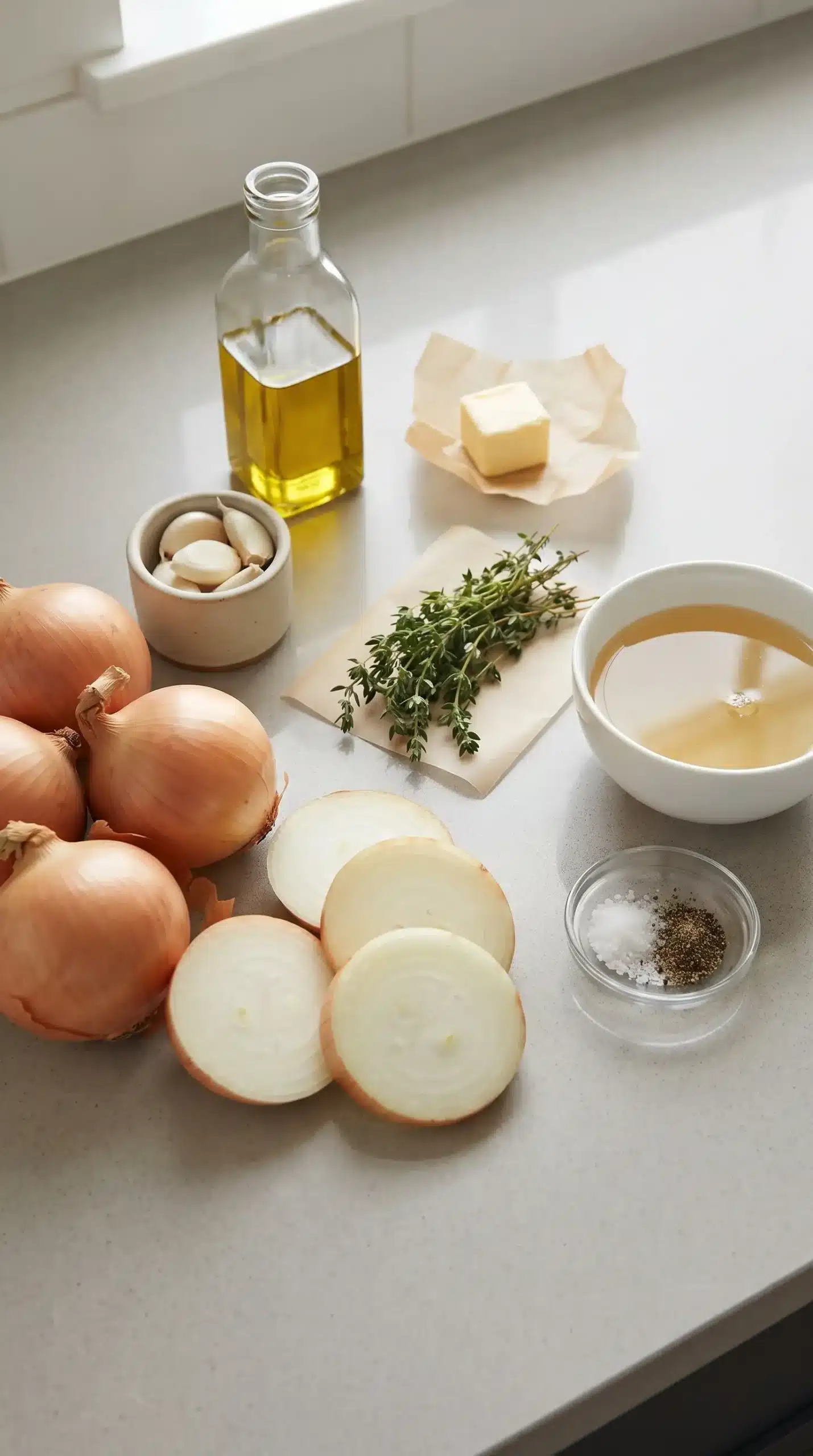 Ingredients for garlic and onion soup including onions, garlic, broth, herbs, and seasonings