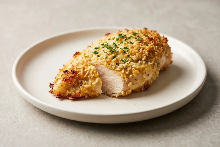 Garlic Parmesan chicken breast with a crispy Parmesan crust and golden baked coating on a plate