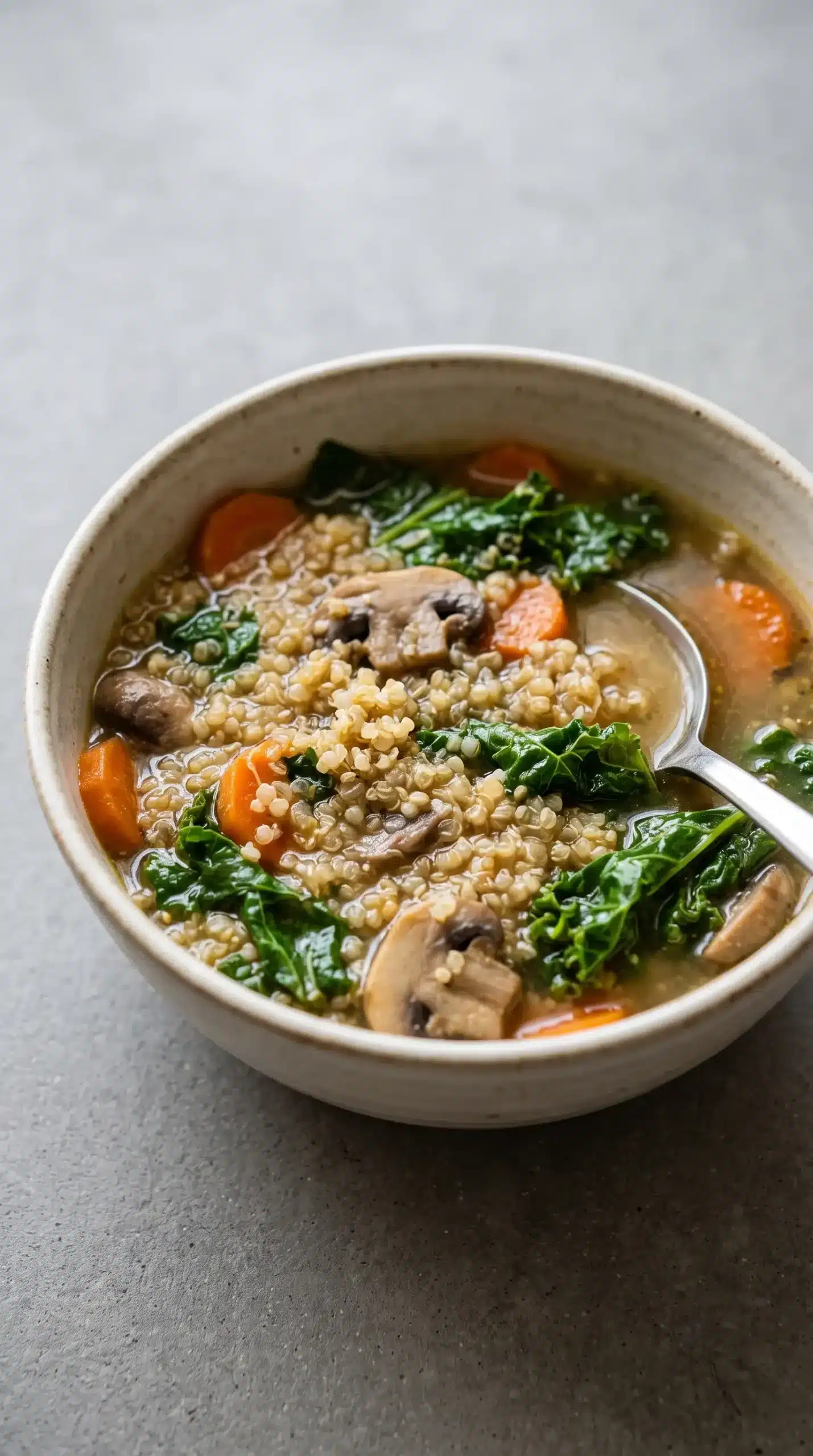 Close-up of garlic soup showing quinoa, mushrooms, carrots, and kale textures