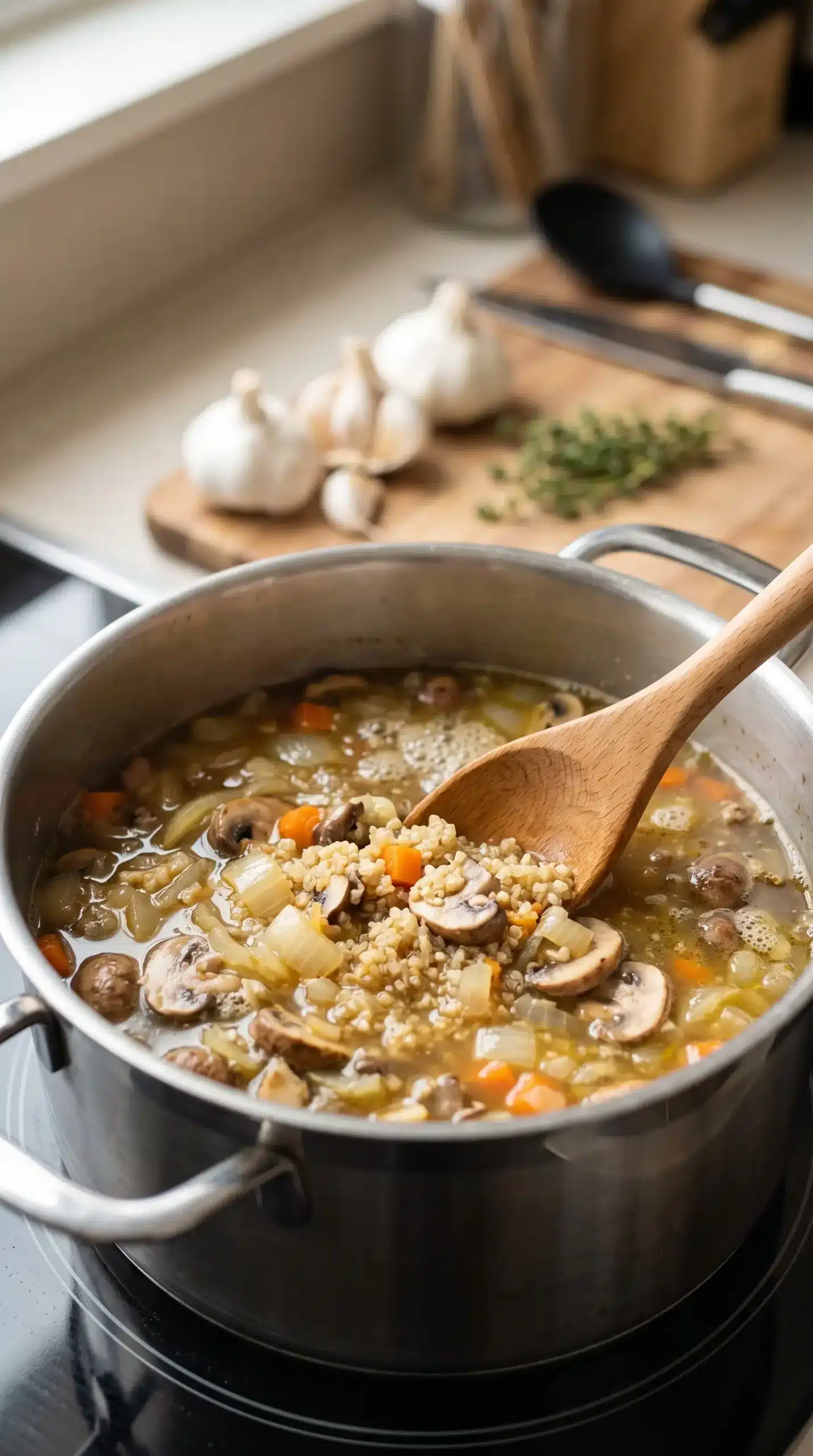 Soup pot with garlic, mushrooms, carrots, quinoa, and broth simmering during preparation