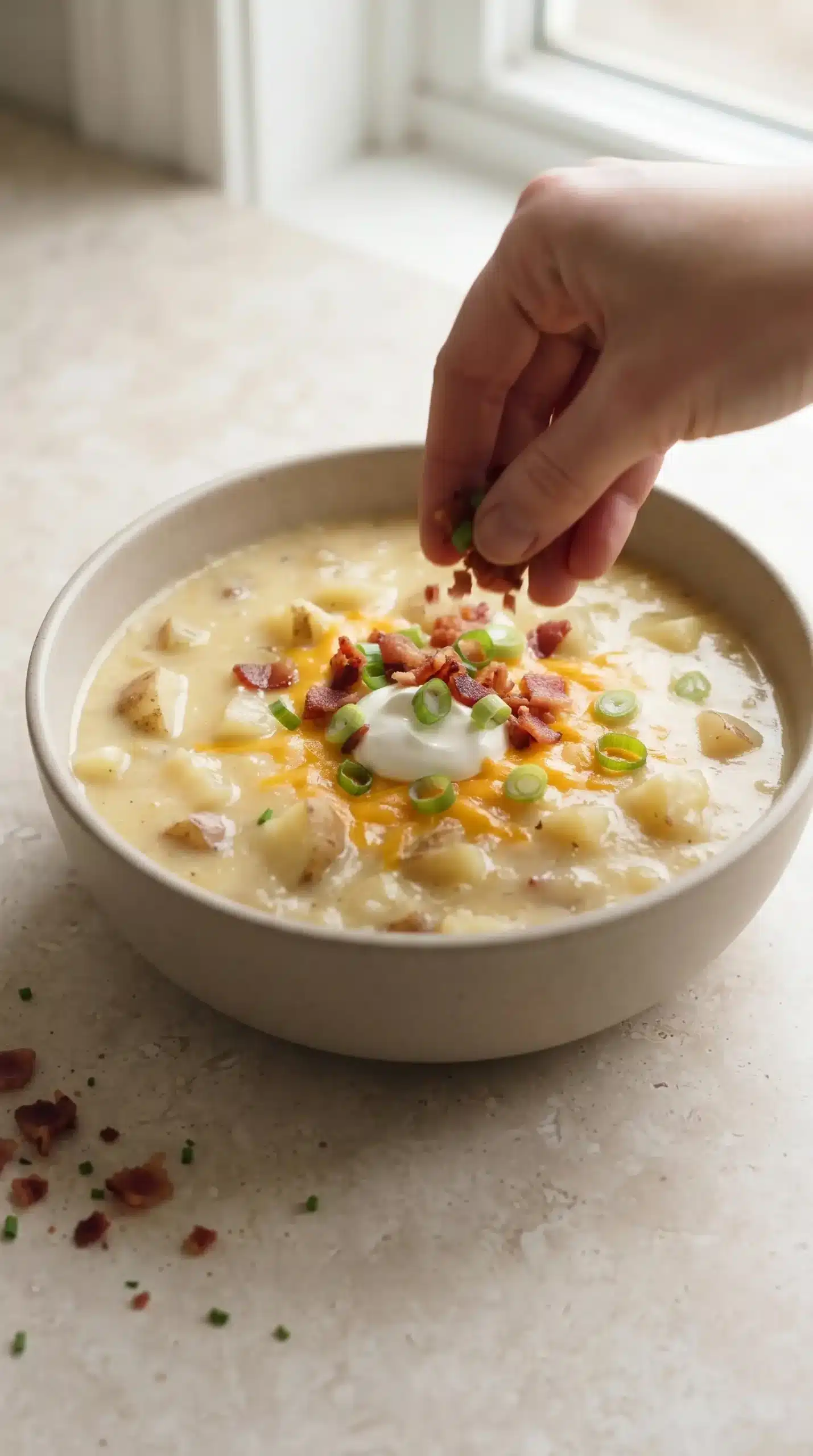 Loaded creamy potato soup topped with bacon, cheddar, sour cream, and green onions