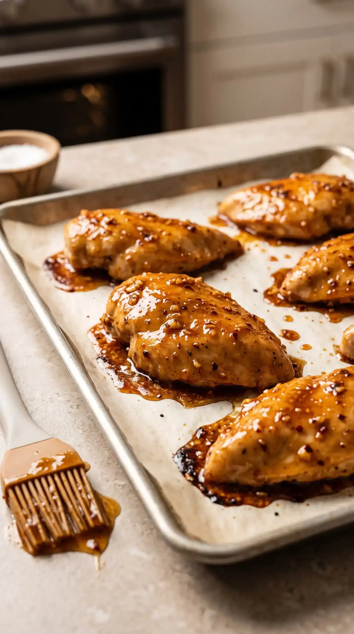 Glazed chicken breasts baking on a parchment-lined tray before serving