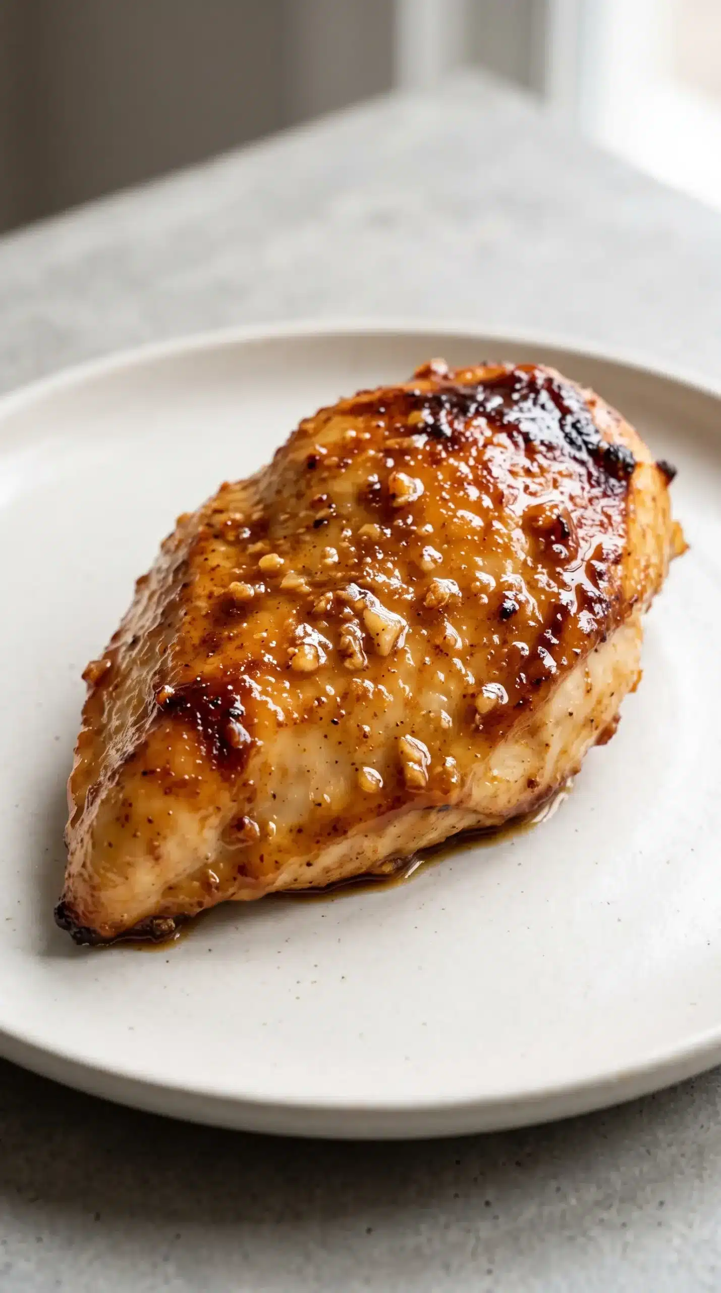 Close-up of baked garlic brown sugar chicken with caramelized glaze and golden edges