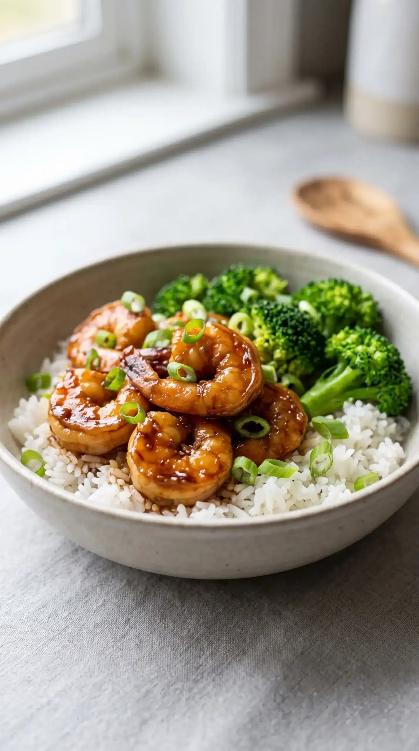 Honey garlic shrimp bowl with glazed shrimp, rice, broccoli, and green onions