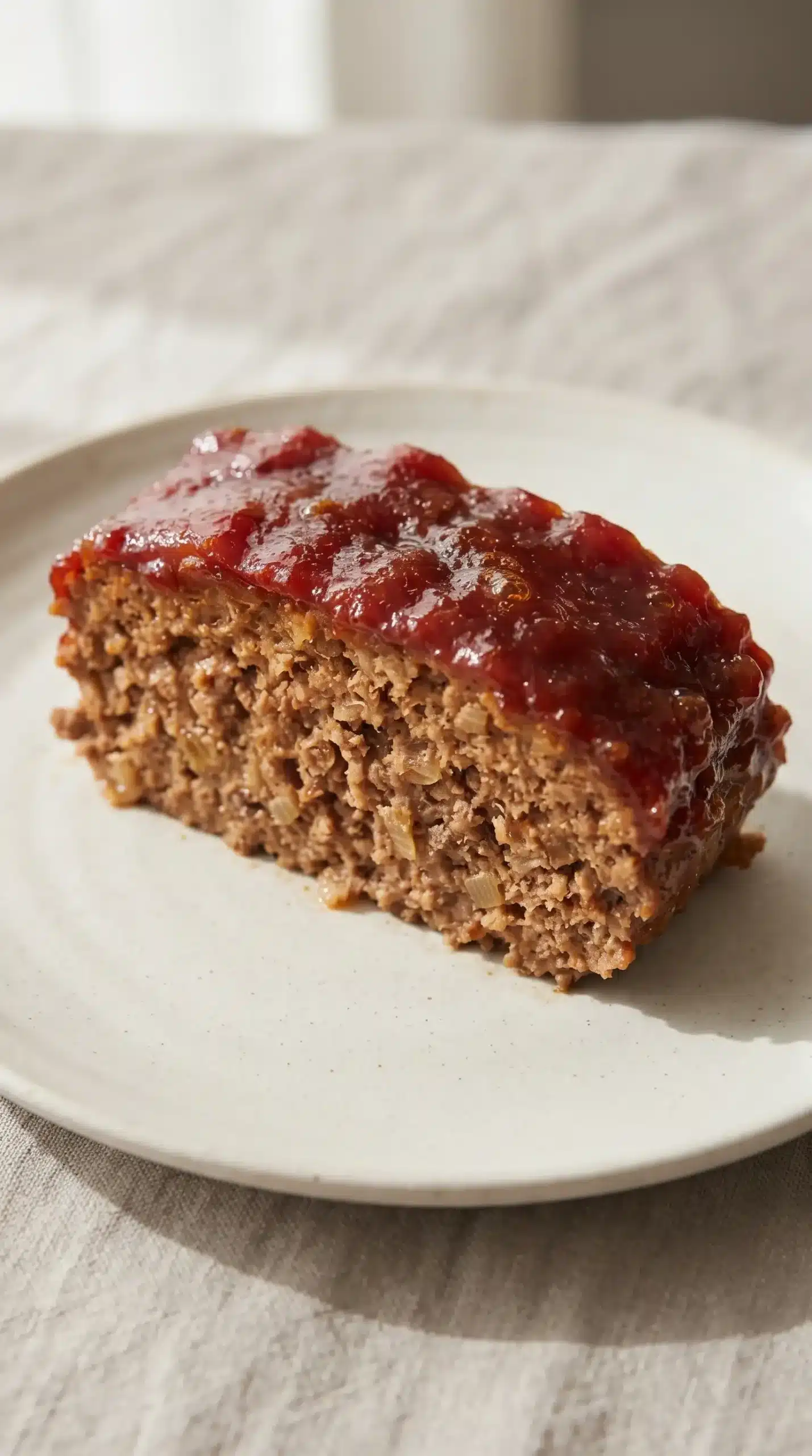 Slice of homemade meatloaf topped with caramelized brown sugar glaze on a plate