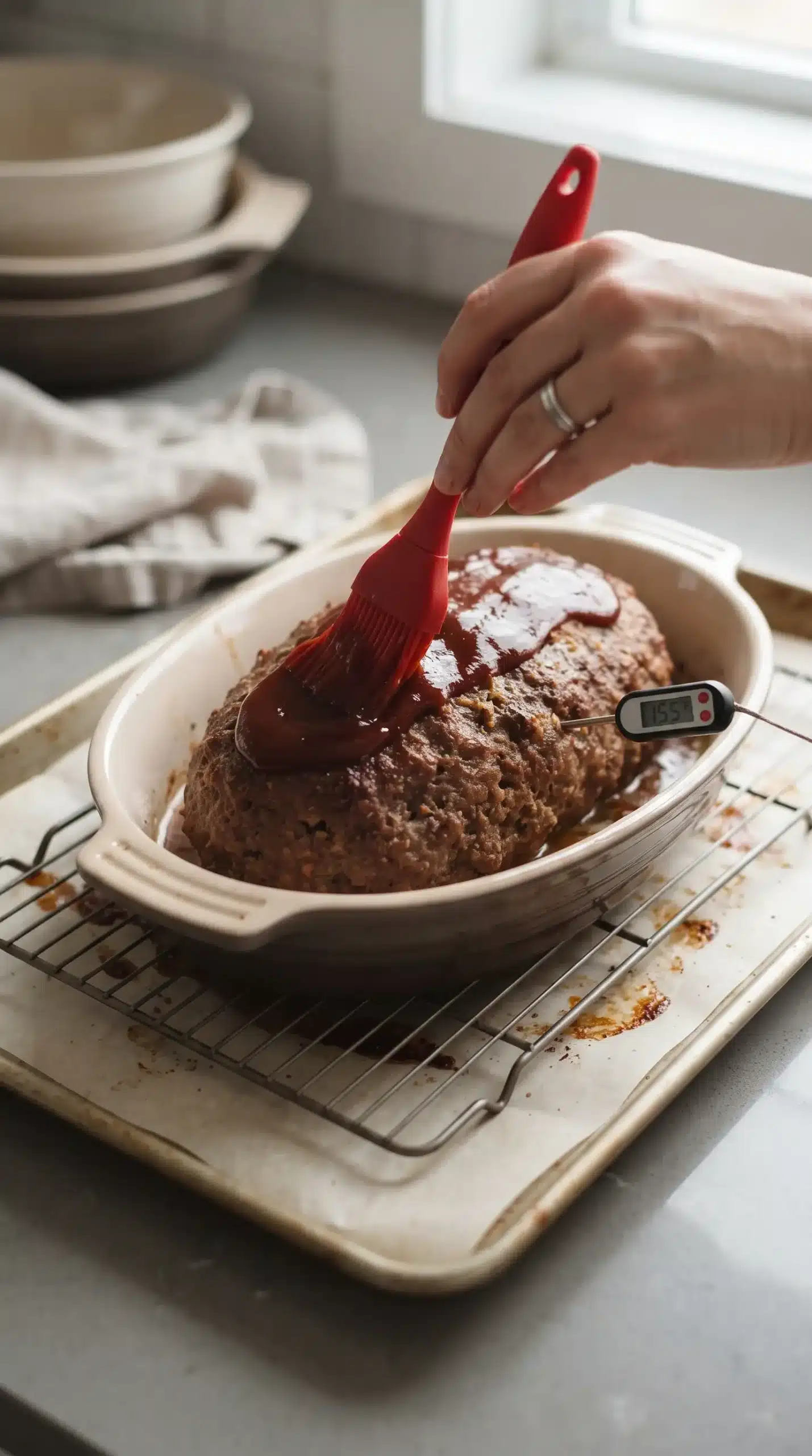 Barbecue sauce being spread over a meatloaf during baking