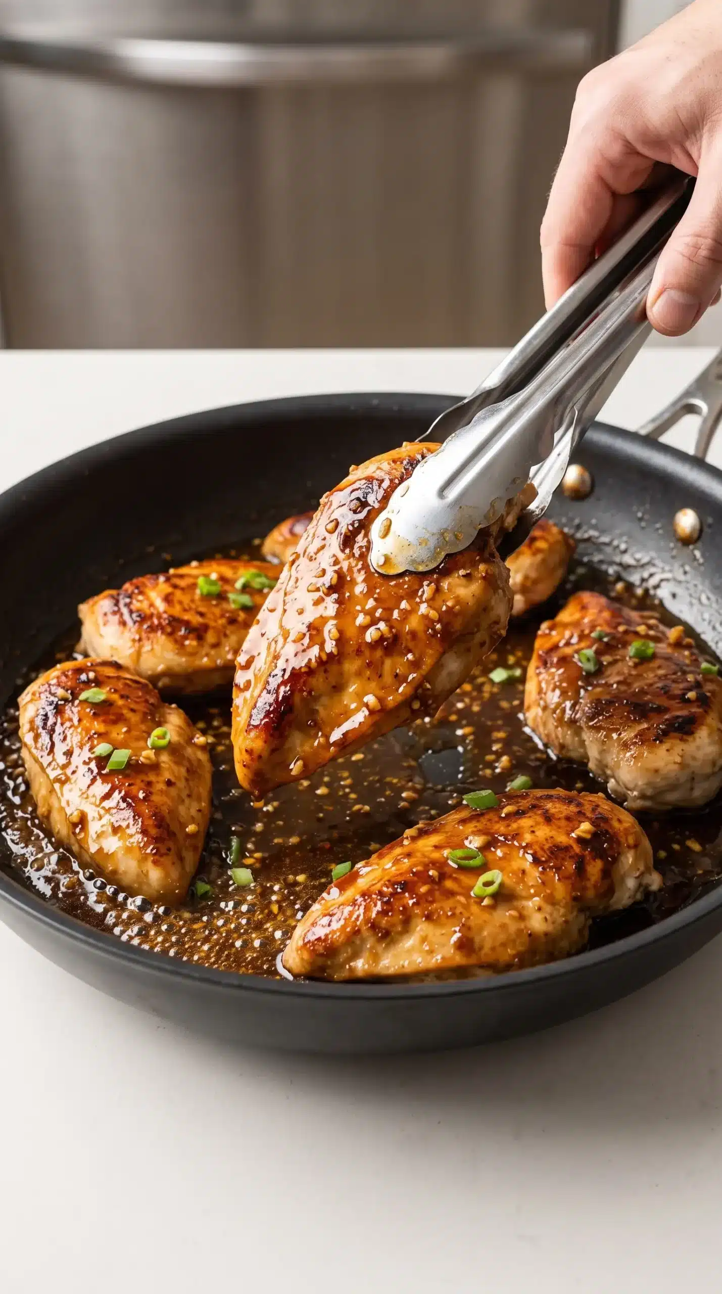 Chicken breasts being coated with honey garlic glaze in a skillet