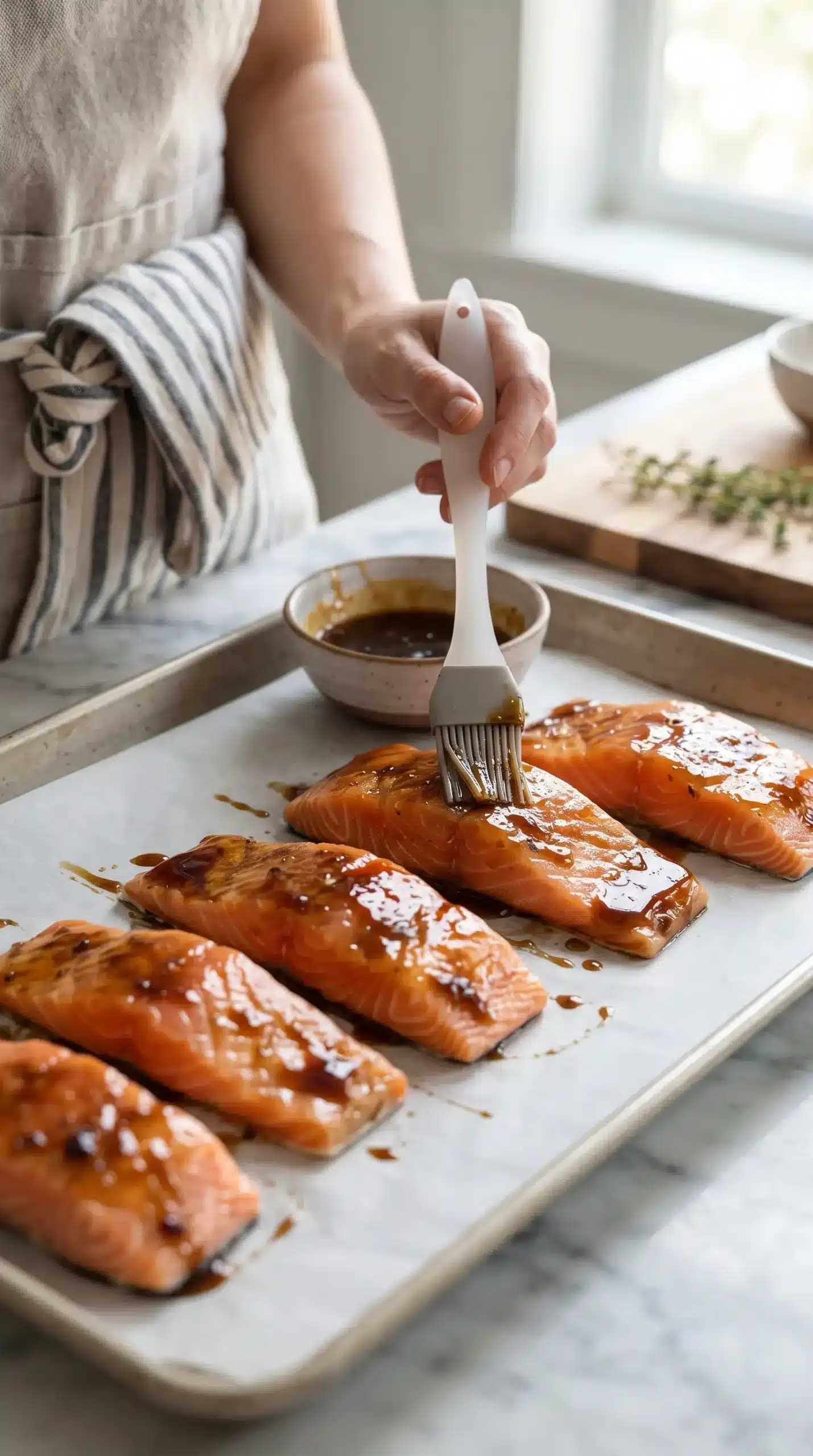 Salmon fillets being coated with brown sugar honey glaze on a baking sheet
