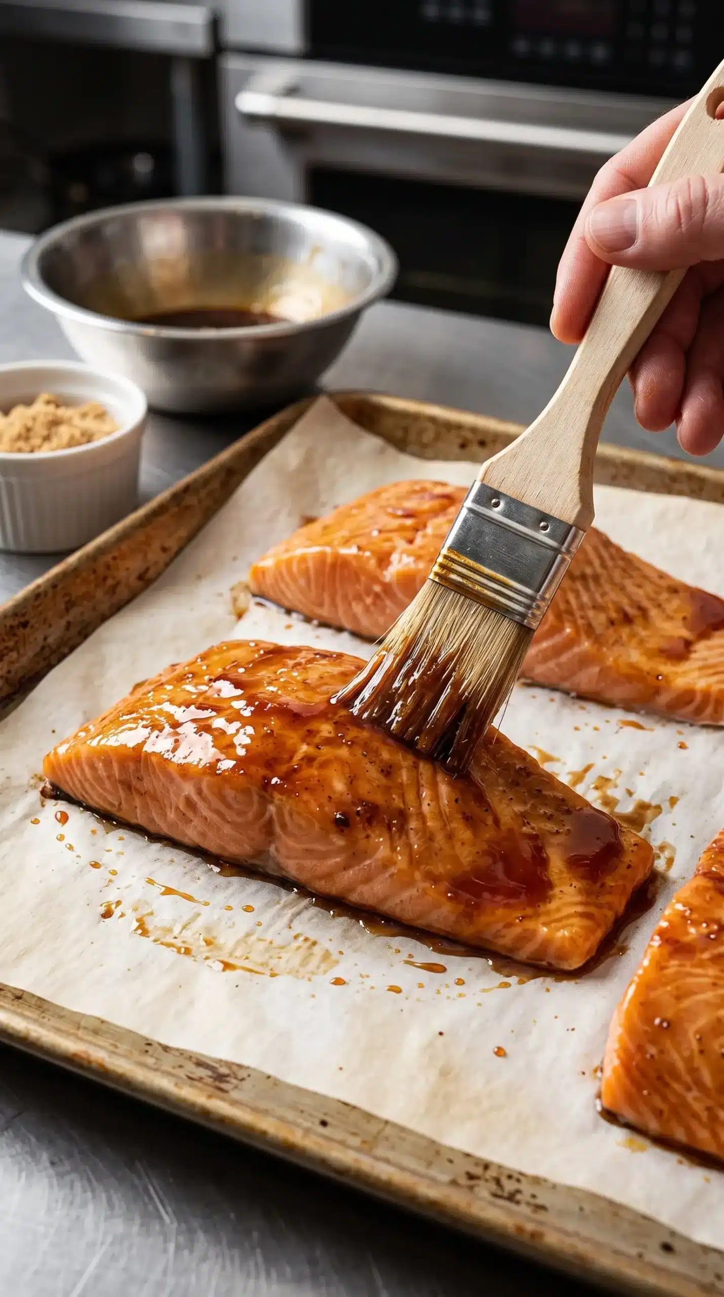 Salmon fillets being brushed with brown sugar glaze before baking