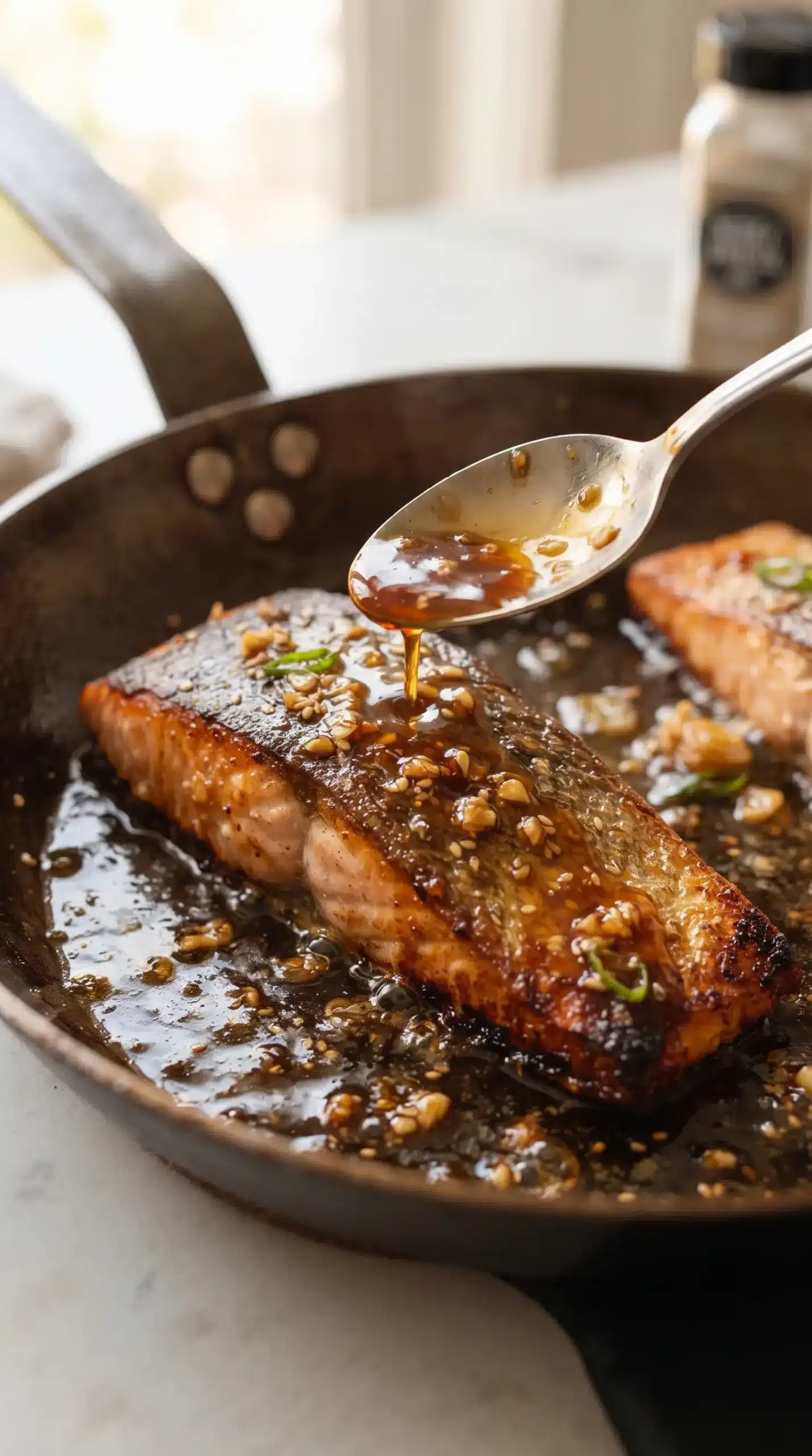 Salmon fillet being coated with honey garlic sauce while cooking in a skillet