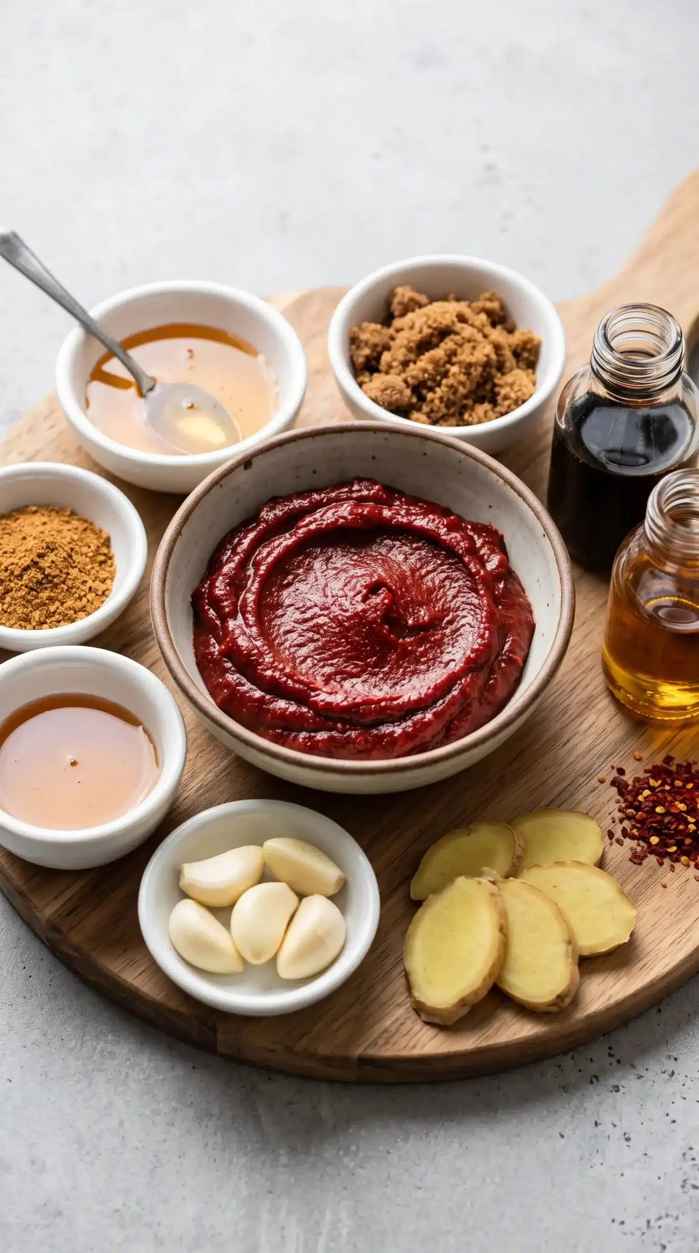 Gochujang sauce ingredients with garlic, ginger, soy sauce, sesame oil, and sweeteners
