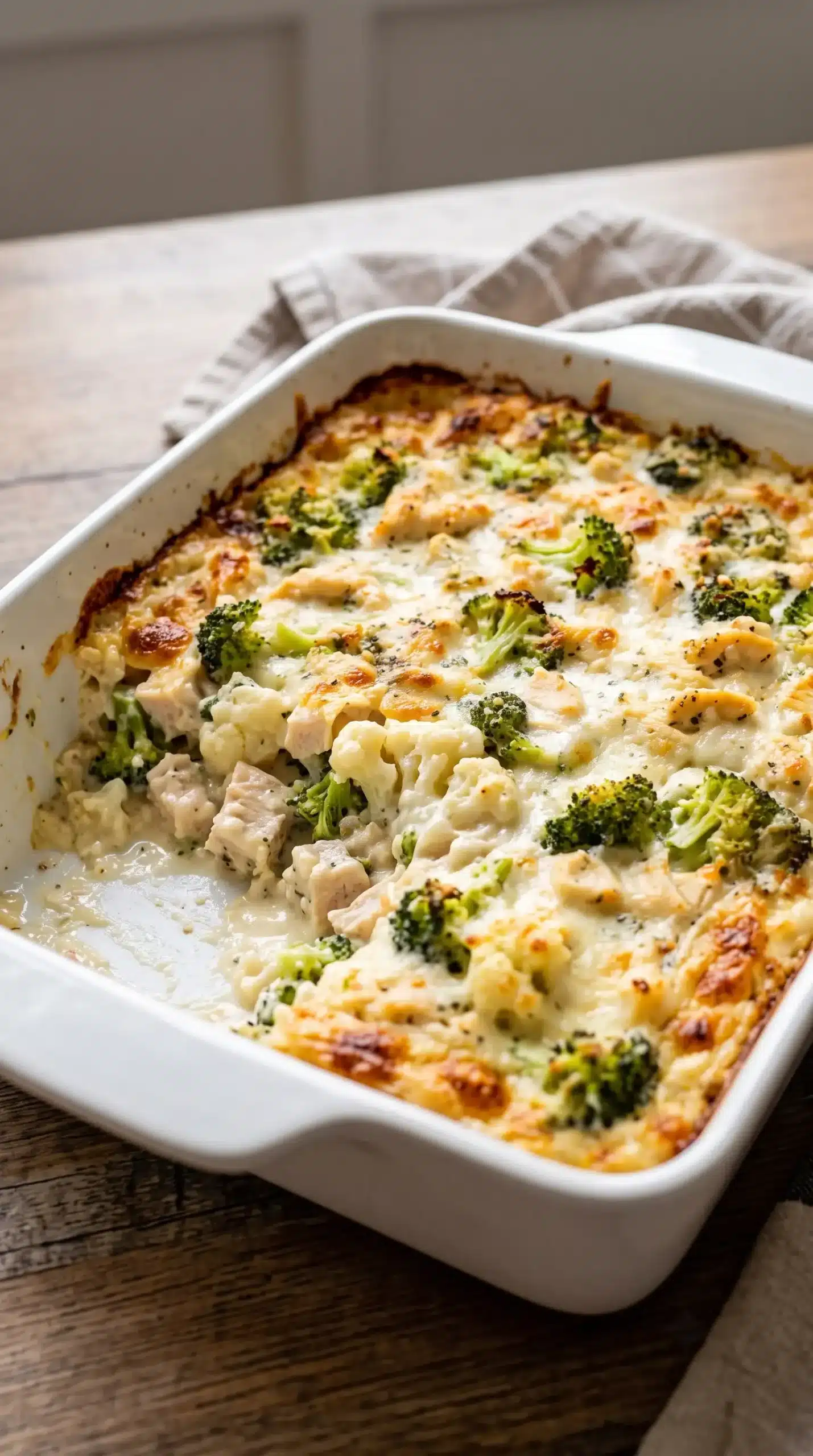 Baked chicken casserole with golden cheese topping and creamy vegetable-filled center