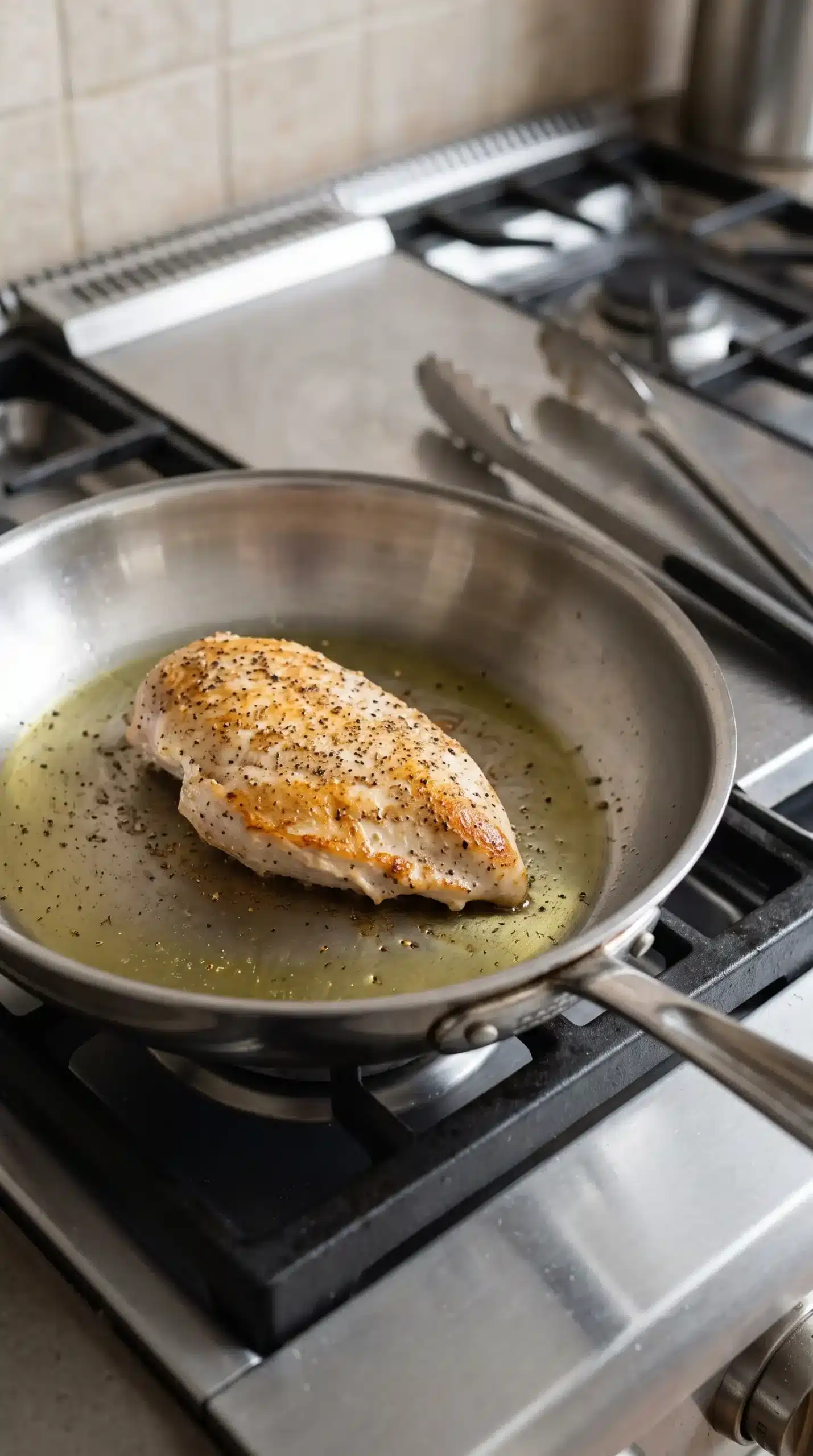 Seasoned chicken breast searing in a skillet to create a golden crust
