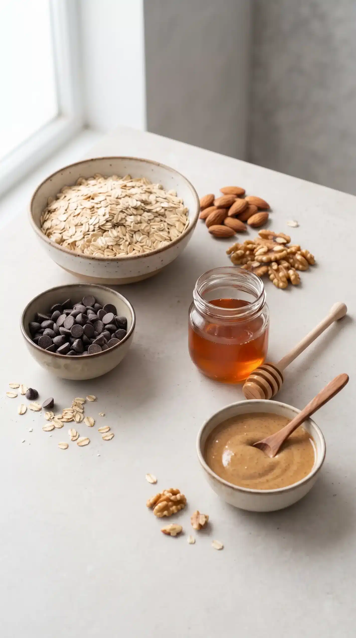 Rolled oats, dark chocolate chips, nuts, honey, and nut butter for granola bars